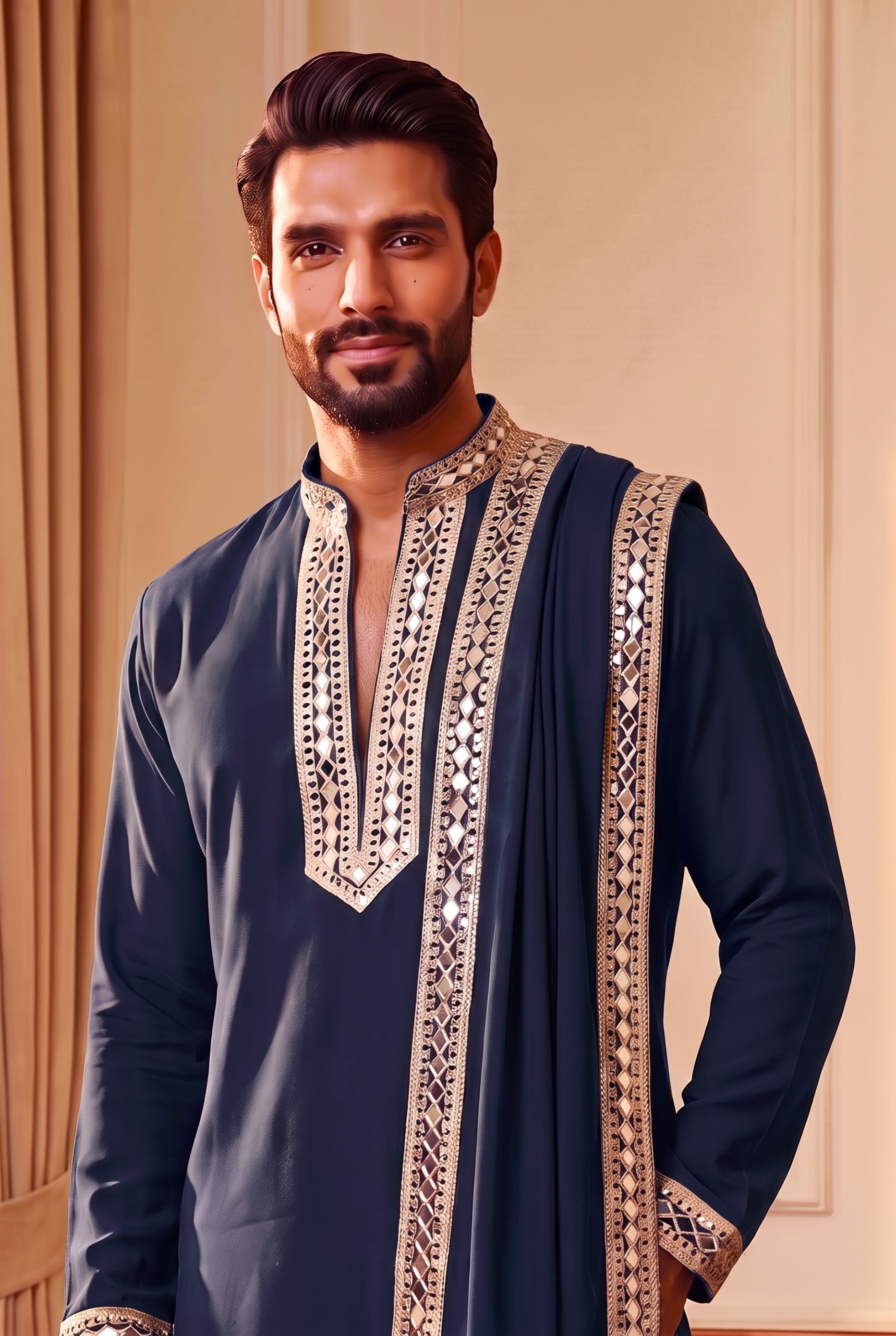Blue Geometric Mirrorwork Lachaka Kurta Pyjama — alternate view