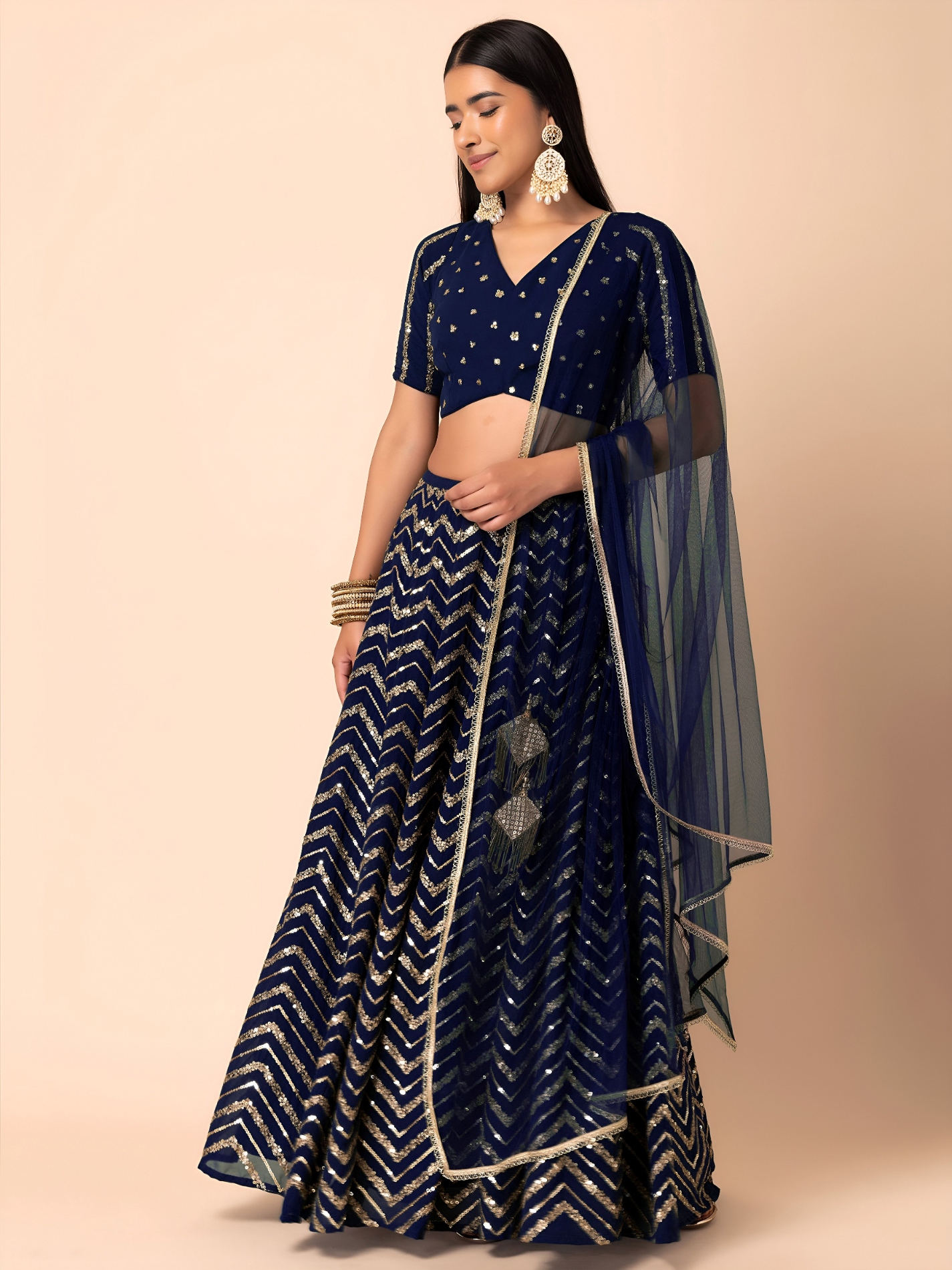 Blue Geometric Sequins Zari Georgette Lehenga Choli