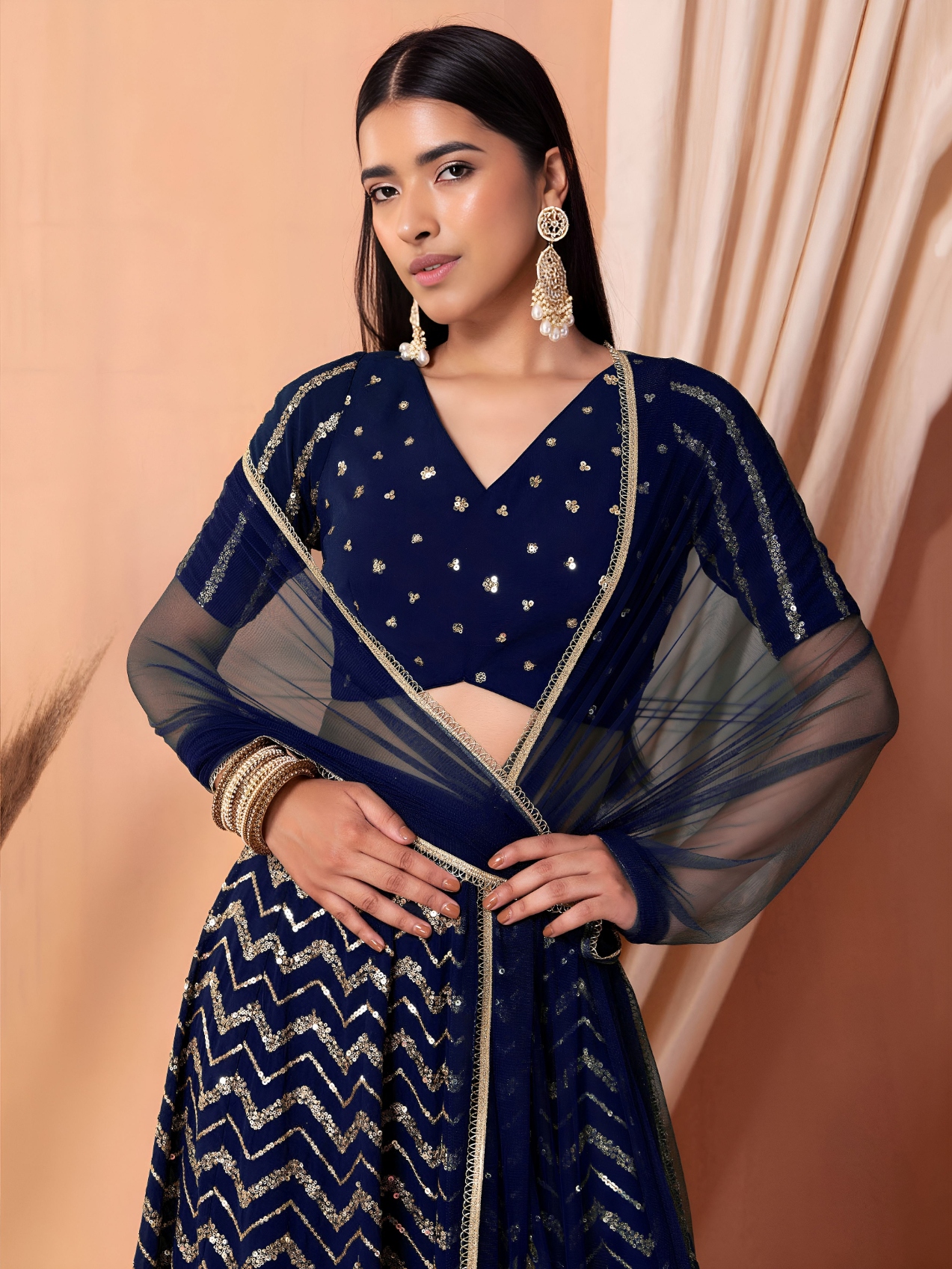 Blue Geometric Sequins Zari Georgette Lehenga Choli