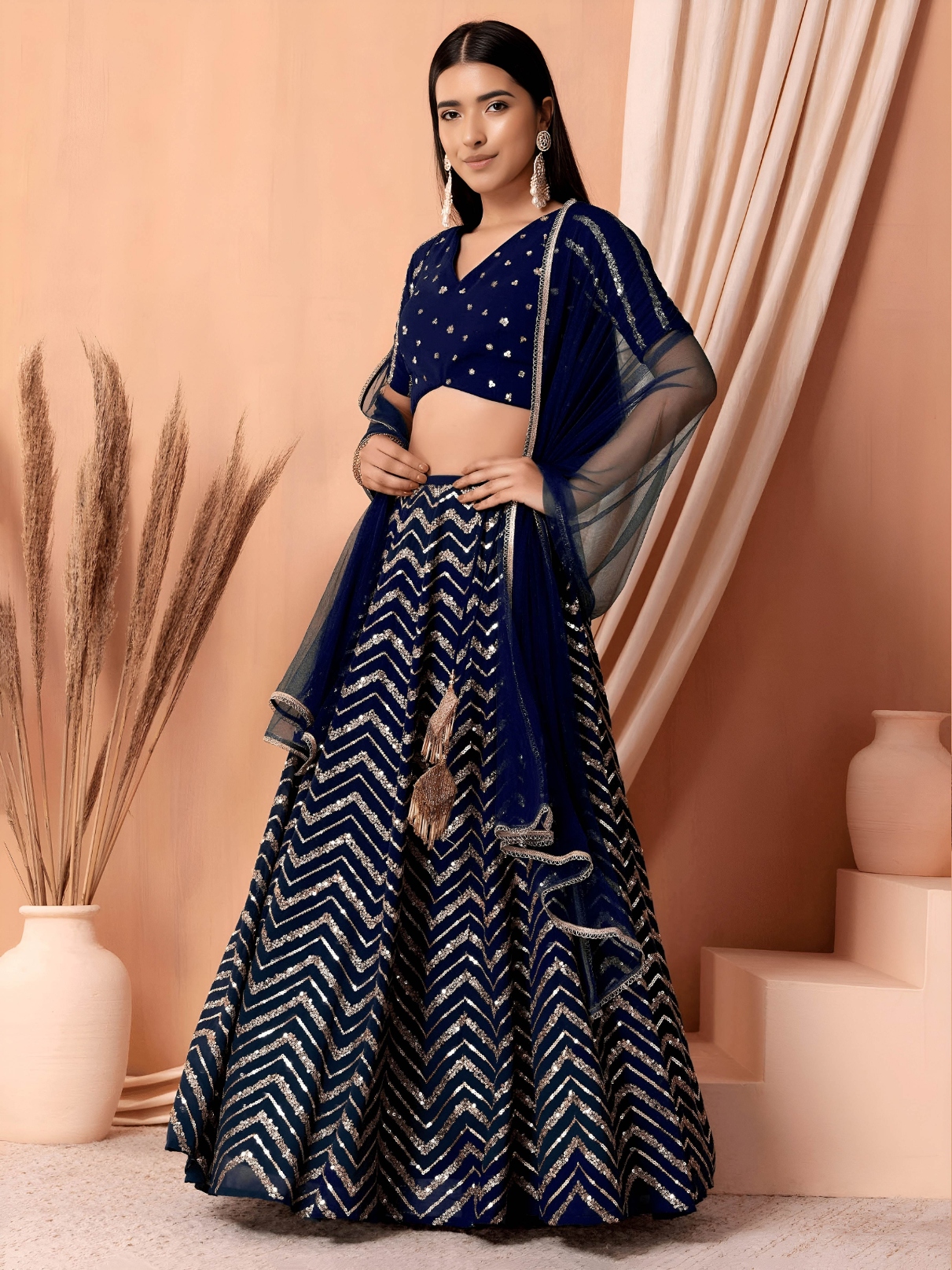Blue Geometric Sequins Zari Georgette Lehenga Choli