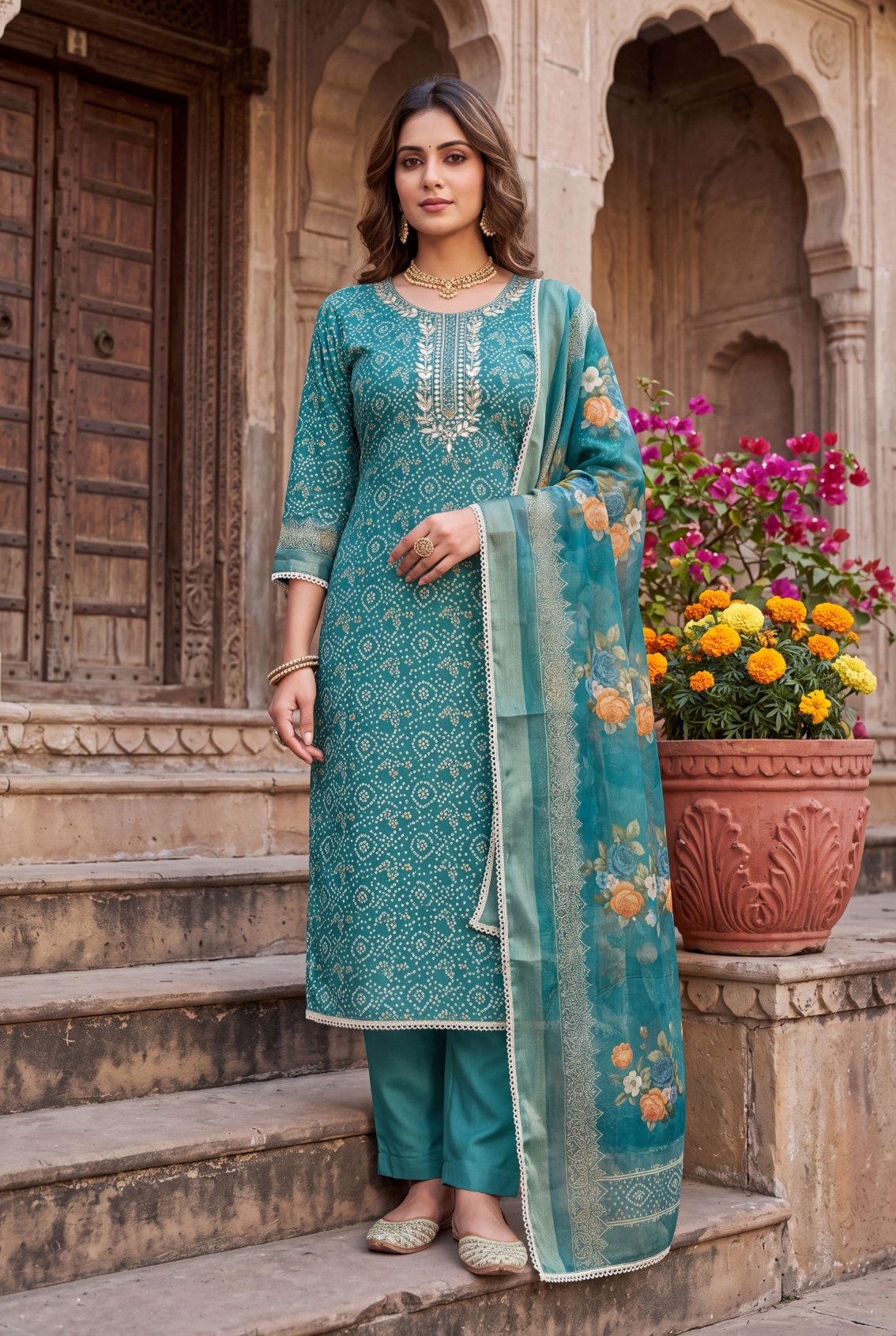 Blue Geometric Shimmer Cotton Linen Full Sleeve Suit