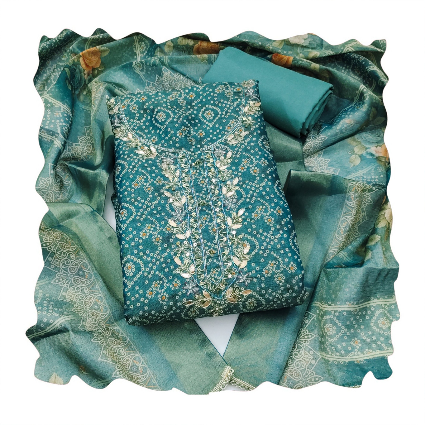 Blue Geometric Shimmer Cotton Linen Full Sleeve Suit — alternate view