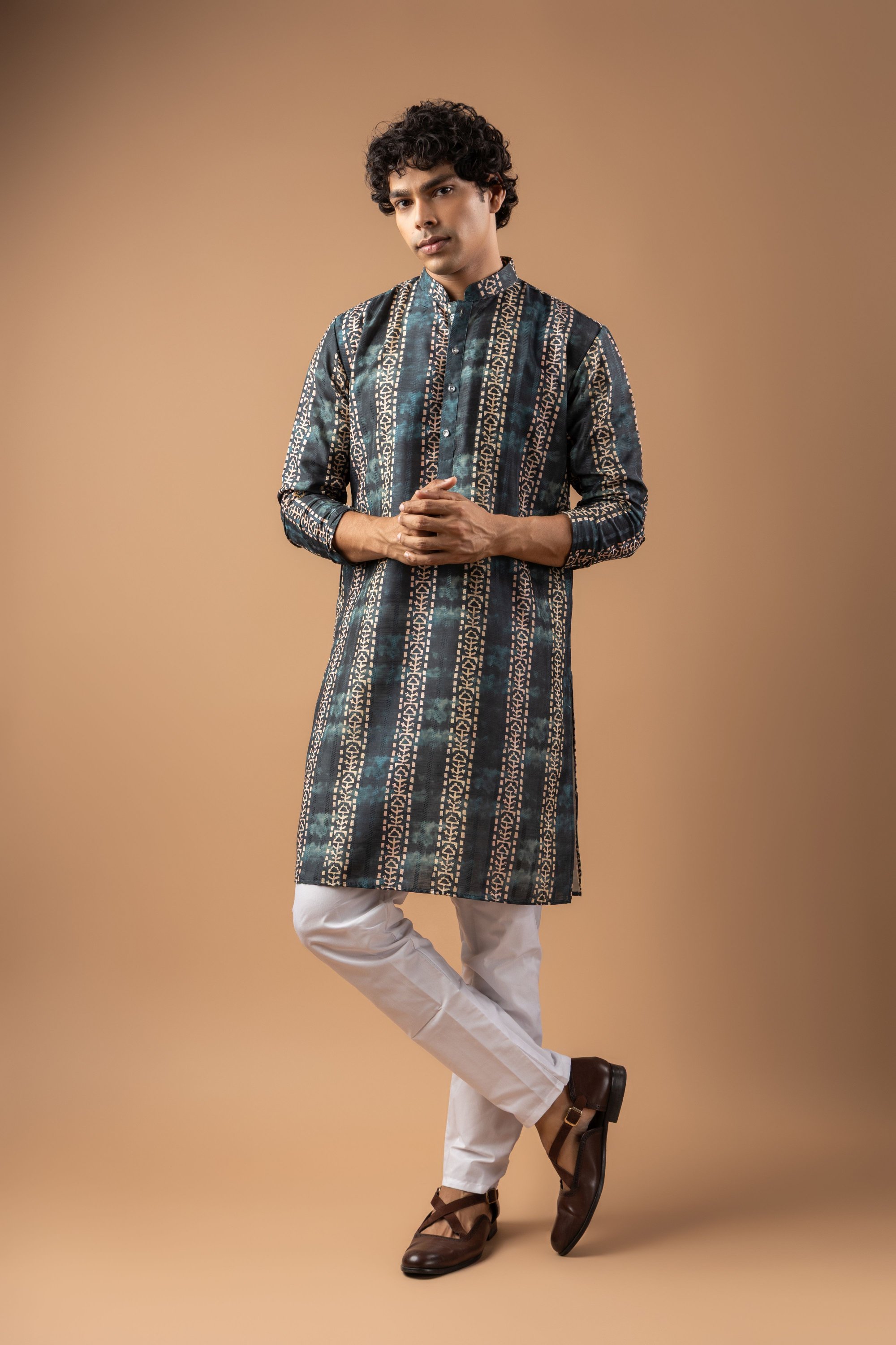 Blue Geometric Woven Art Silk Kurta Pyjama