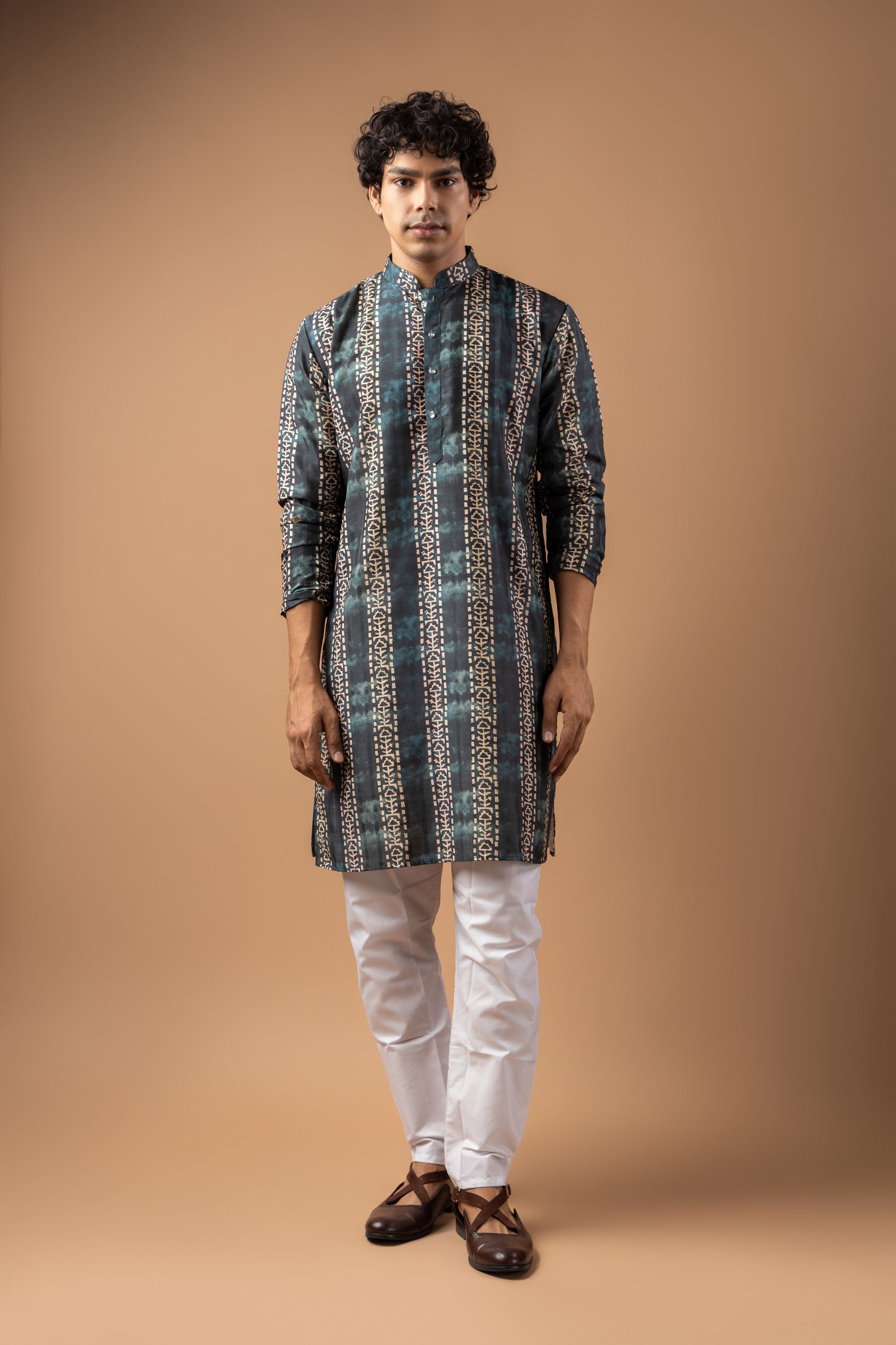 Blue Geometric Woven Art Silk Kurta Pyjama