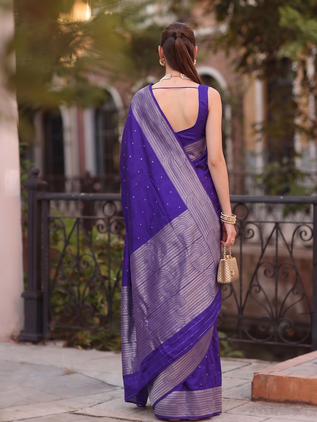 Blue Geometric Woven Cotton Blend Saree — alternate view