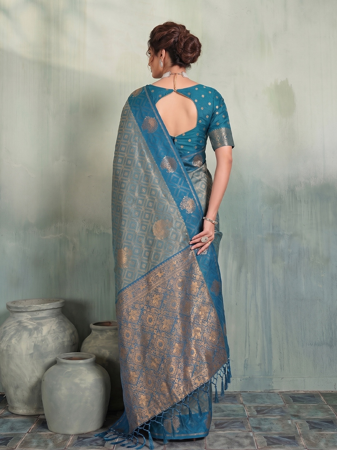 Blue Geometric Woven Designer Silk Saree — alternate view