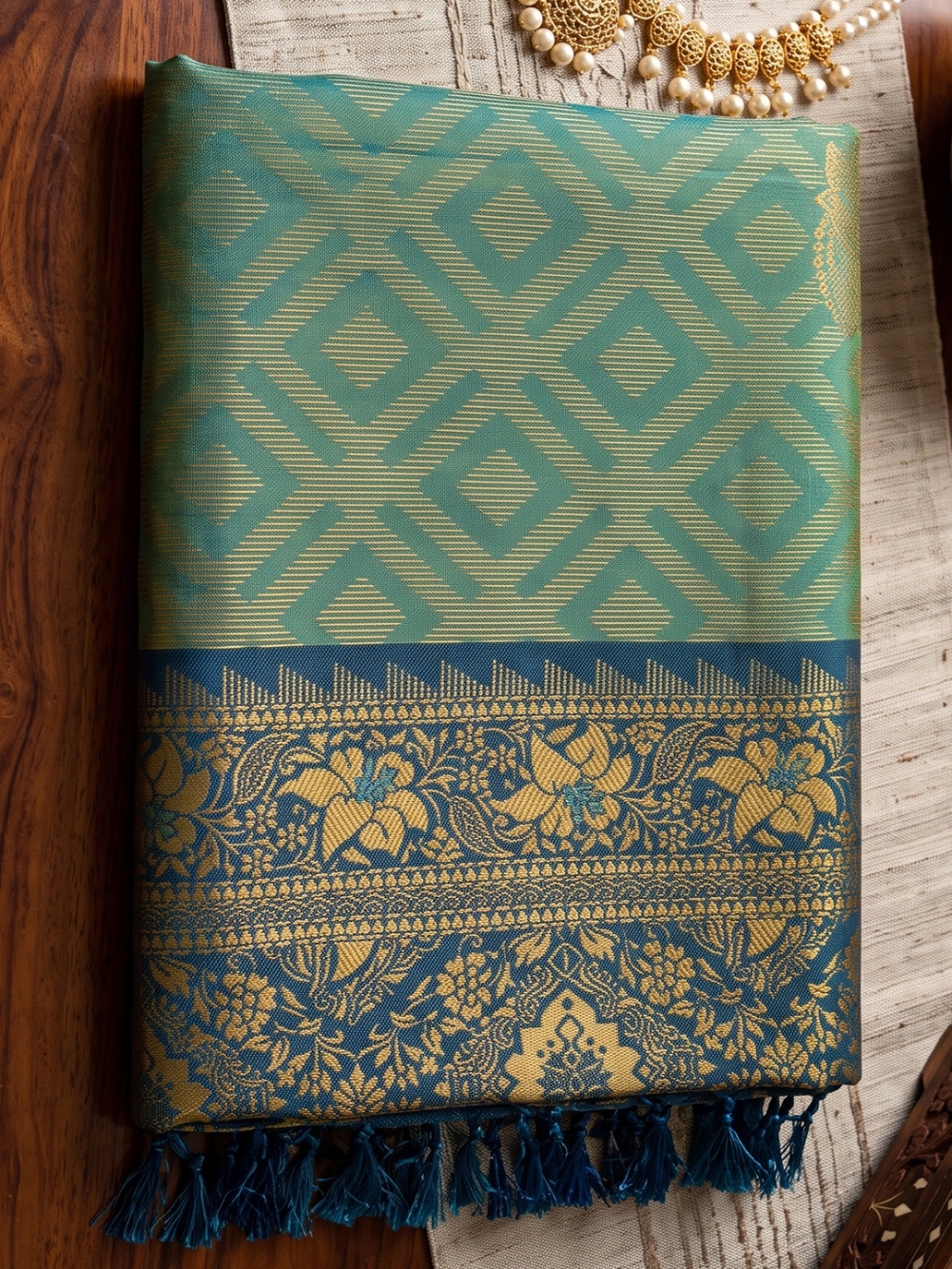 Blue Geometric Woven Designer Silk Saree