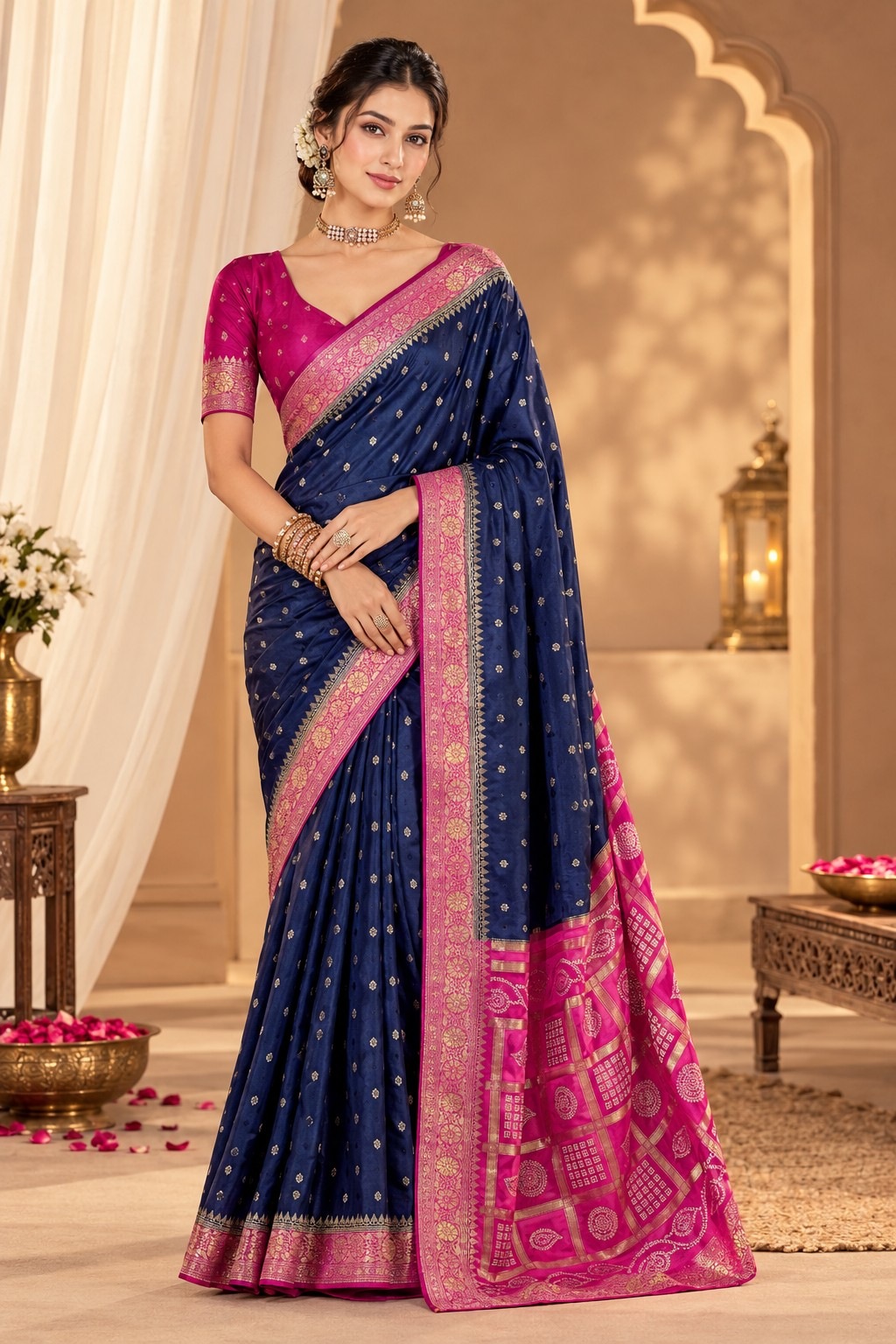 Blue Geometric Woven Zari Satin Silk Saree