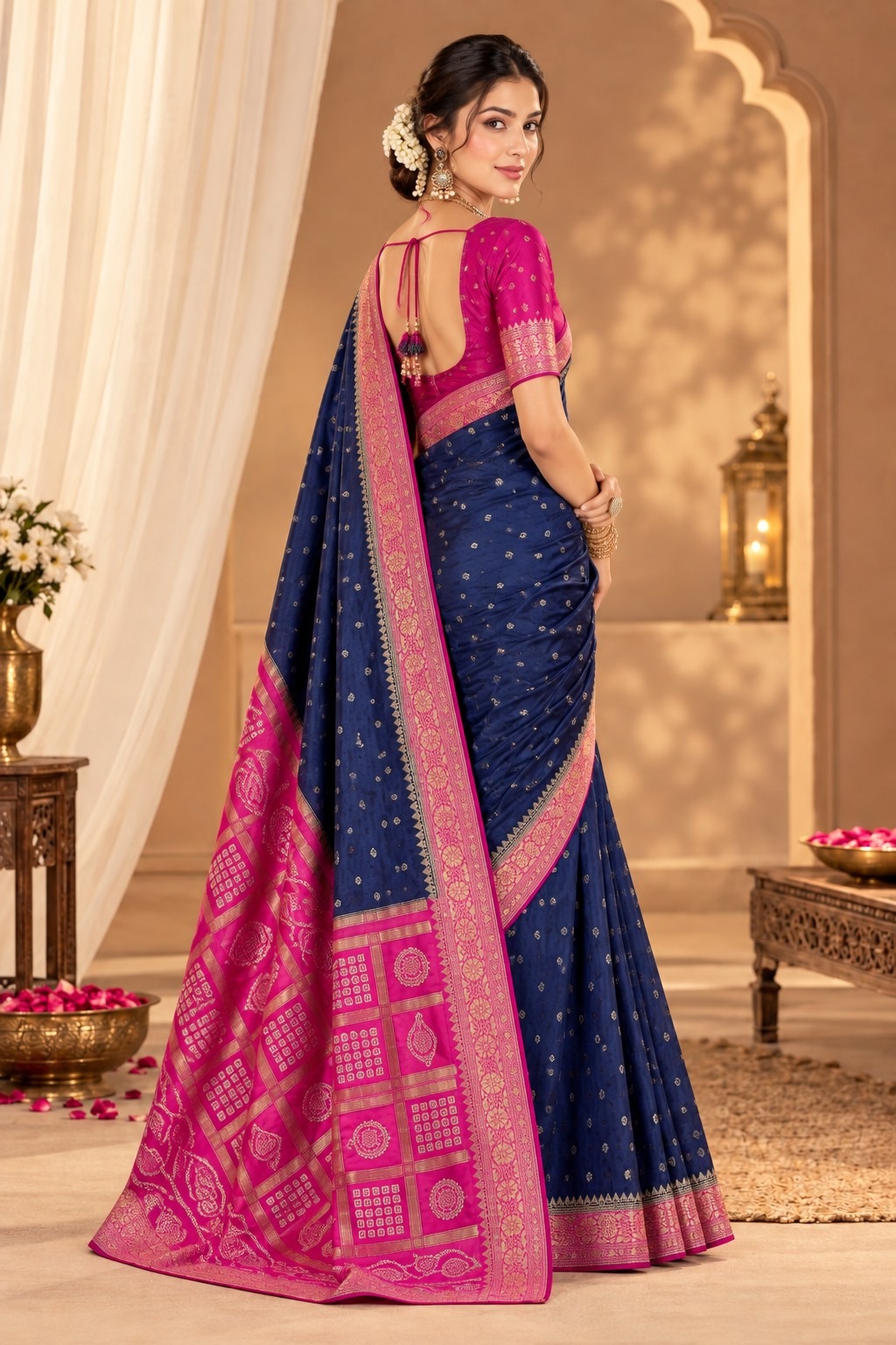 Blue Geometric Woven Zari Satin Silk Saree — alternate view