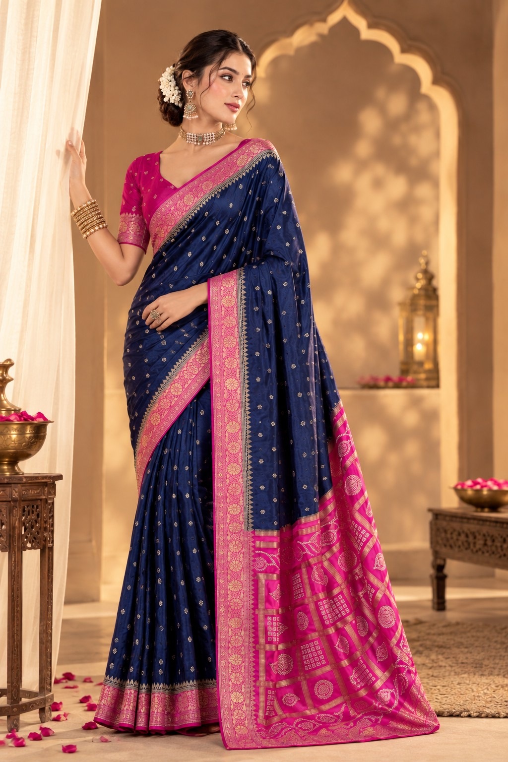 Blue Geometric Woven Zari Satin Silk Saree