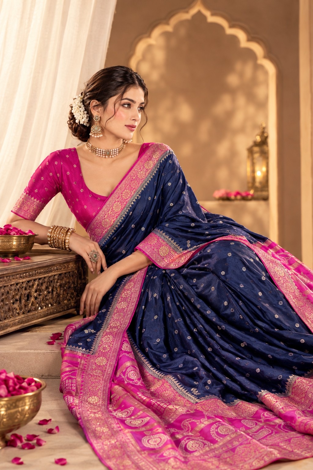 Blue Geometric Woven Zari Satin Silk Saree
