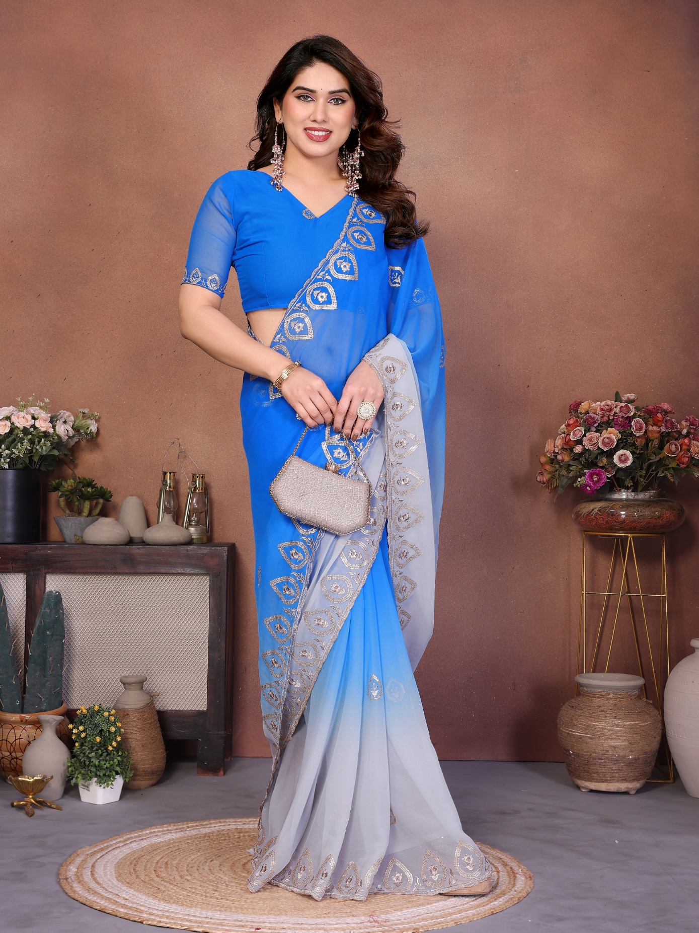 Blue Georgette Embroidered Ombre Fluid Saree