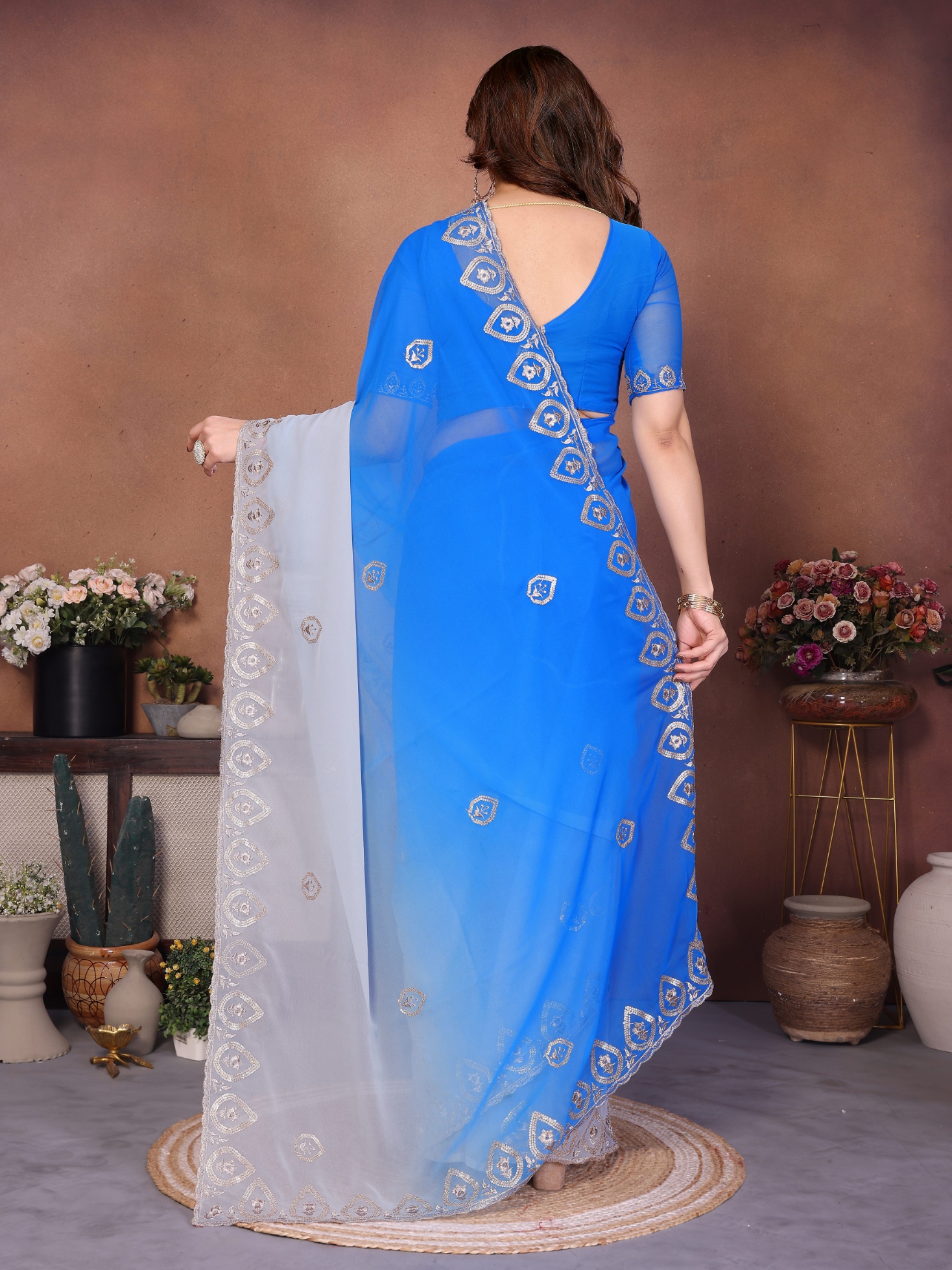 Blue Georgette Embroidered Ombre Fluid Saree — alternate view