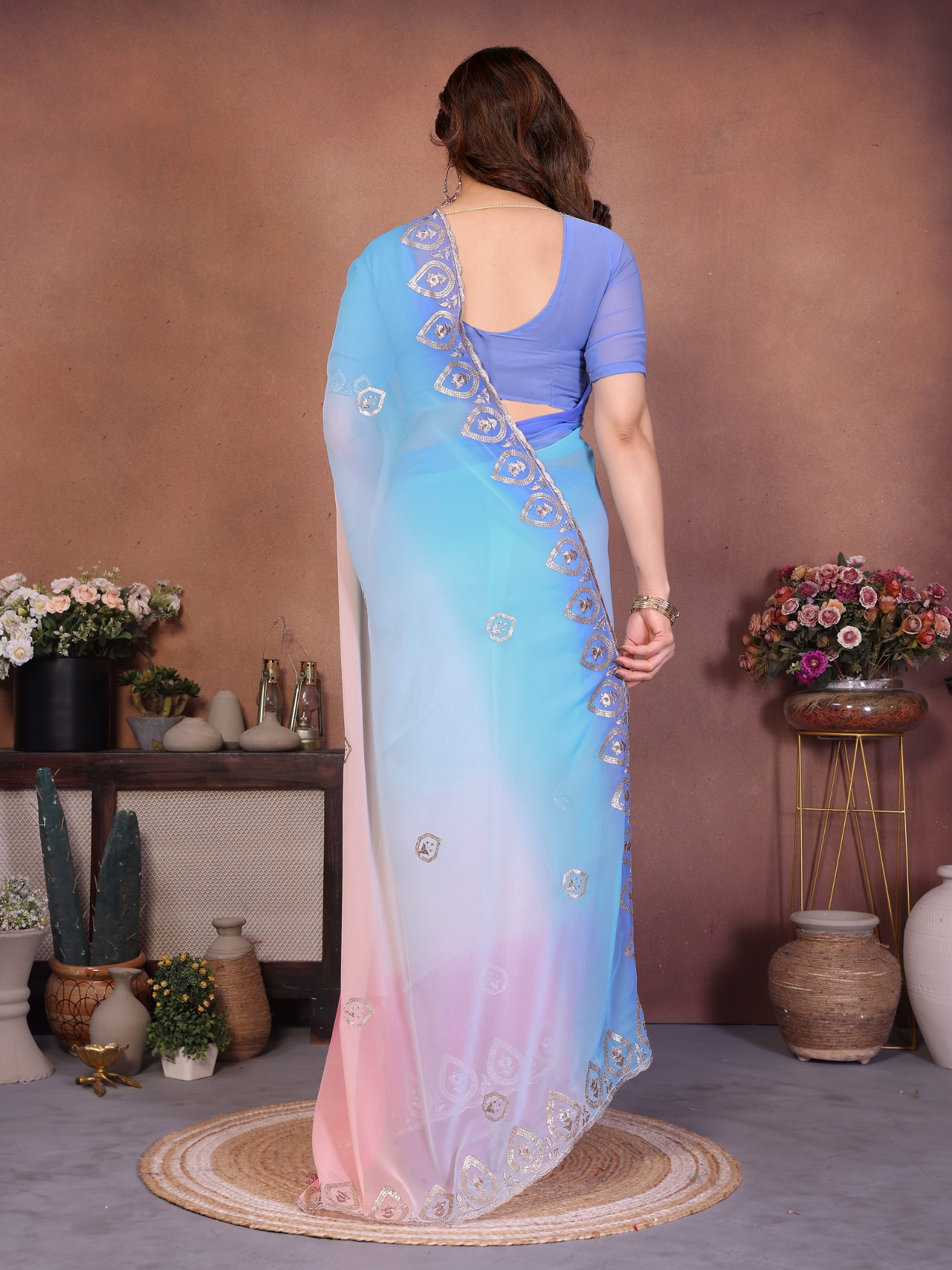 Blue Georgette Embroidered Ombre Multitone Saree — alternate view