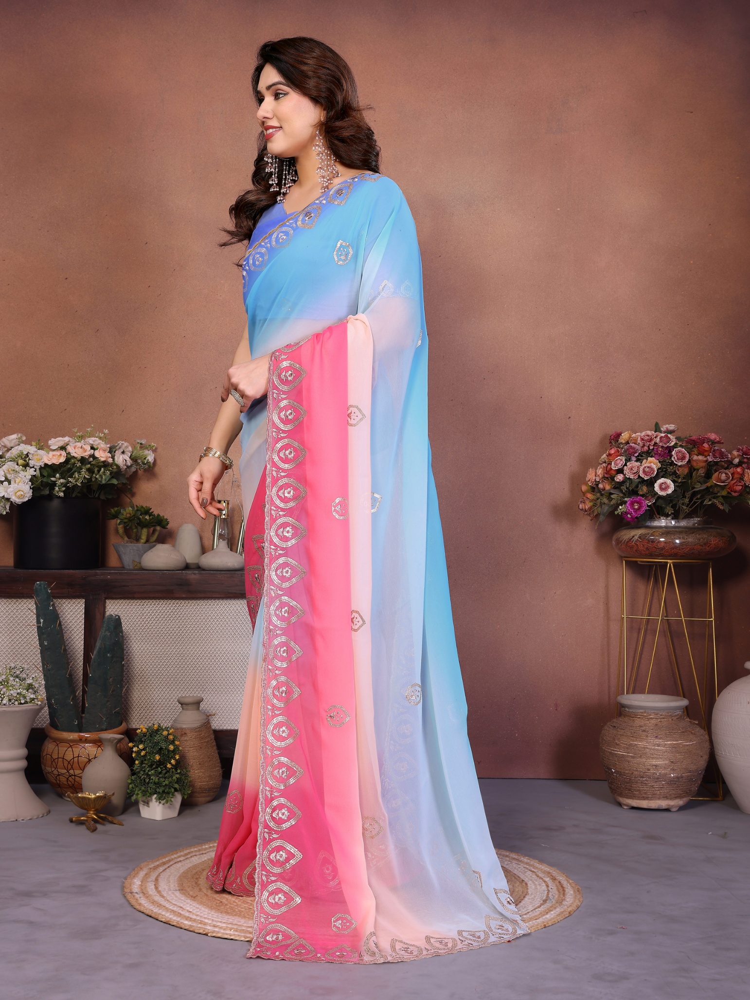 Blue Georgette Embroidered Ombre Multitone Saree