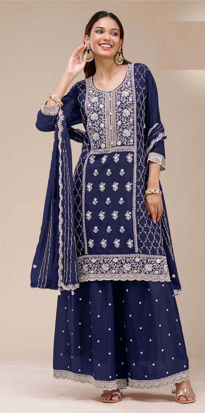 Blue Georgette Embroidered Palazzo Suit