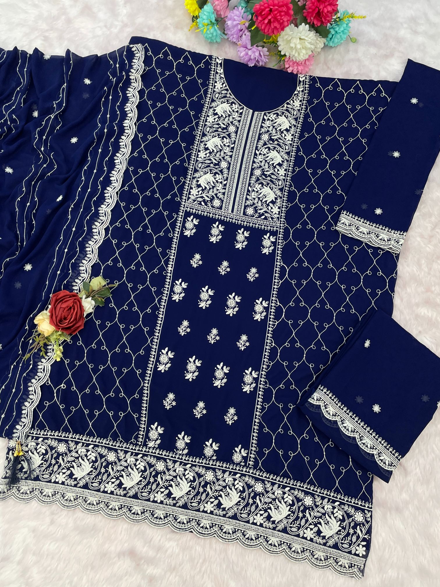 Blue Georgette Embroidered Palazzo Suit