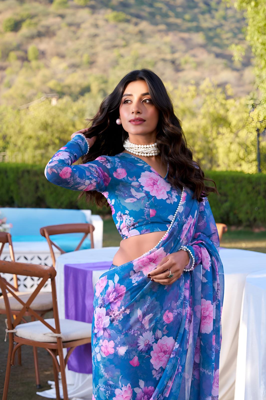 Blue Georgette Floral Printed Ready To Wear Saree — alternate view