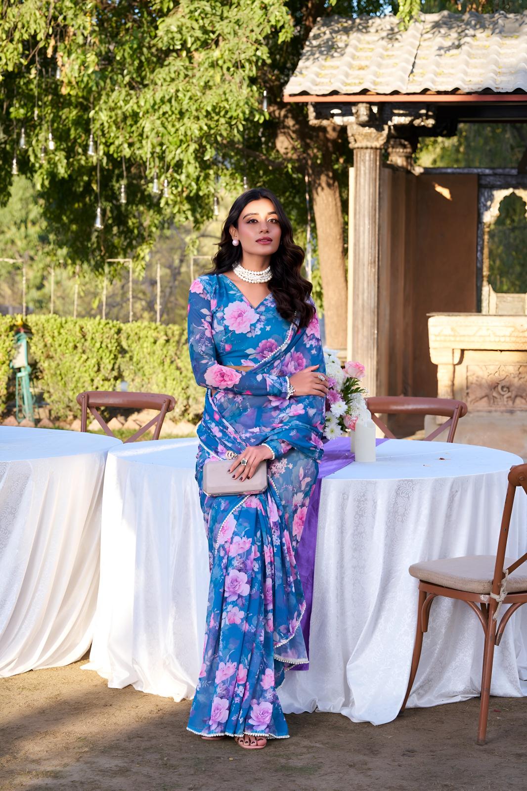 Blue Georgette Floral Printed Ready To Wear Saree