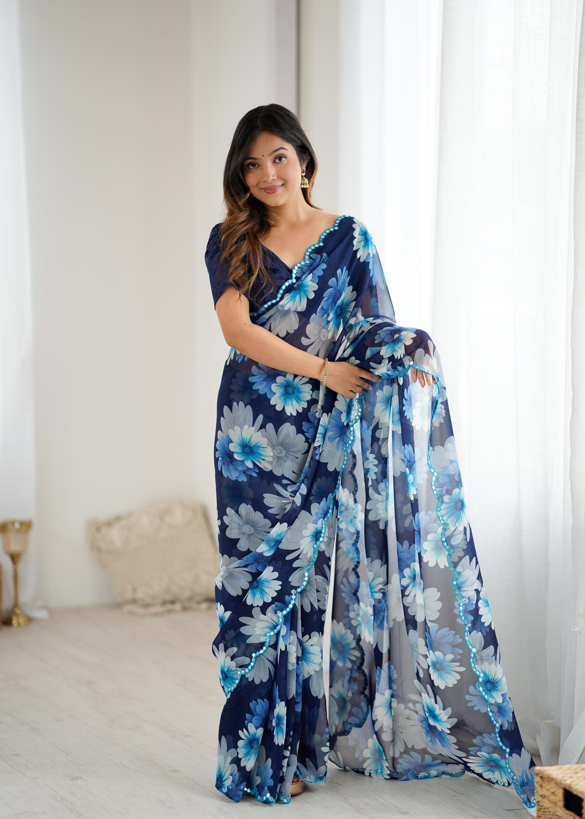 Blue Georgette Floral Printed Saree