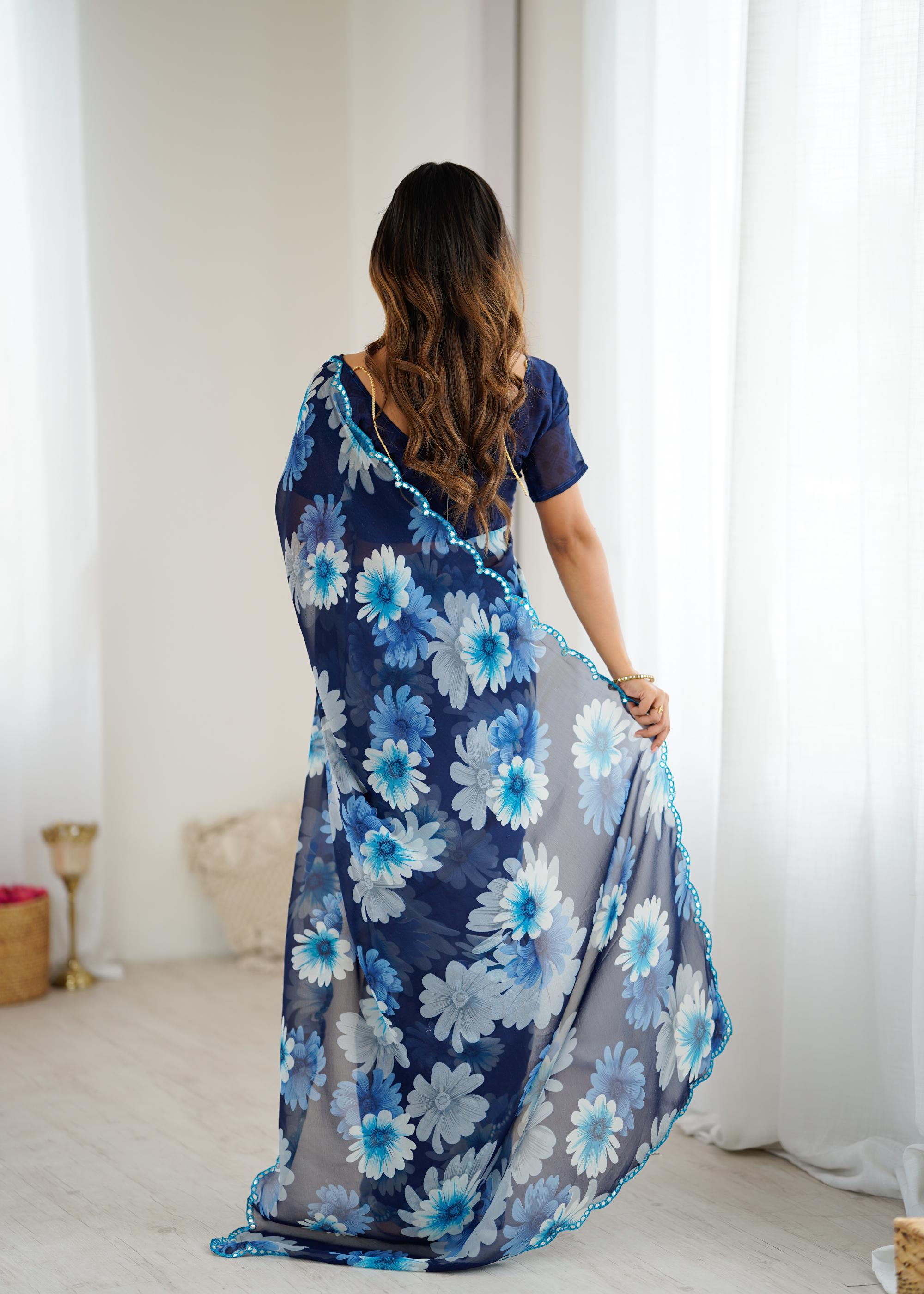 Blue Georgette Floral Printed Saree — alternate view