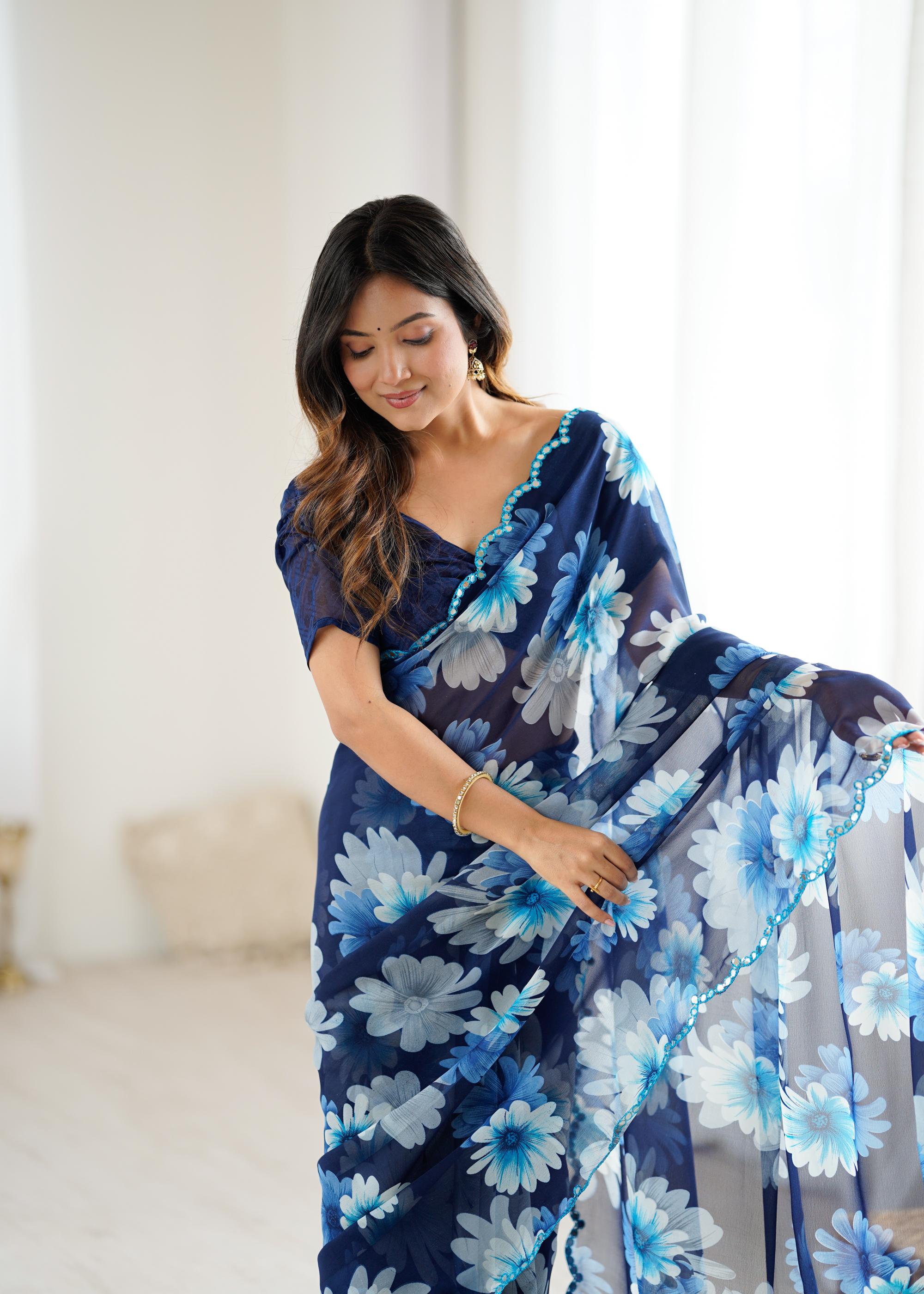 Blue Georgette Floral Printed Saree