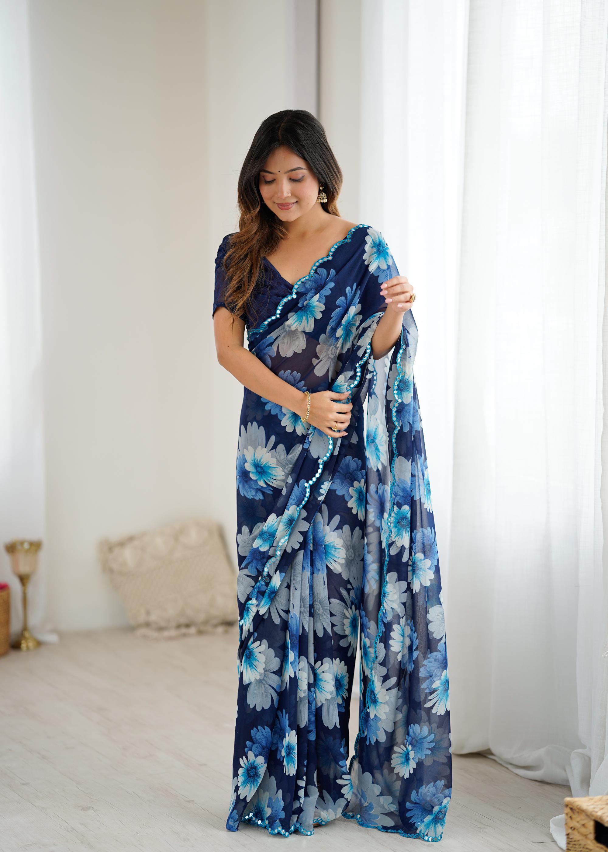 Blue Georgette Floral Printed Saree