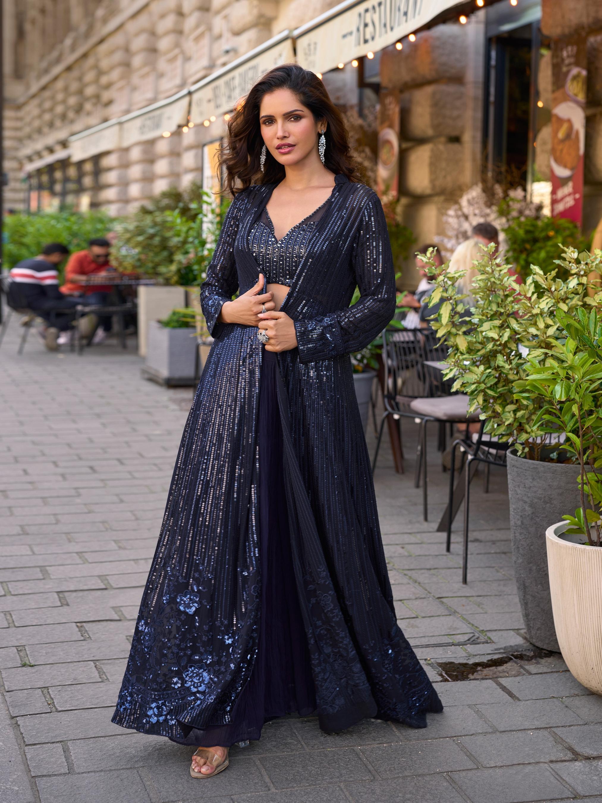 Blue Georgette Sequin Embroidered Indo-Western Jacket Palazzo Set
