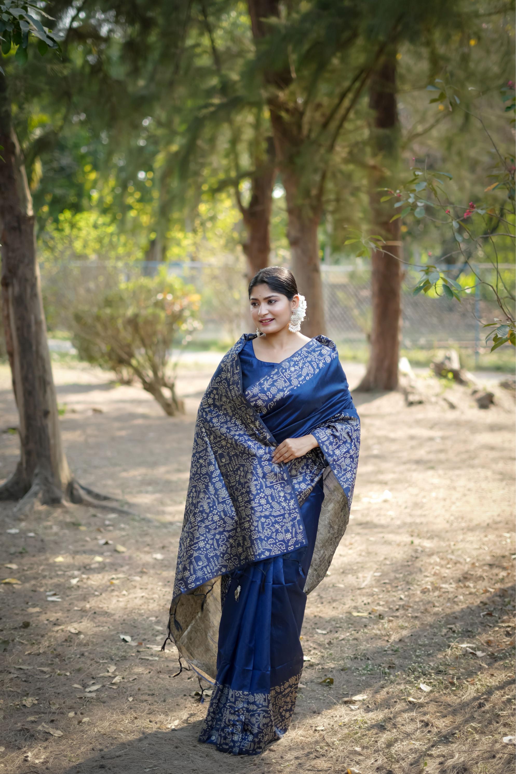 Blue Handloom Raw Silk Saree