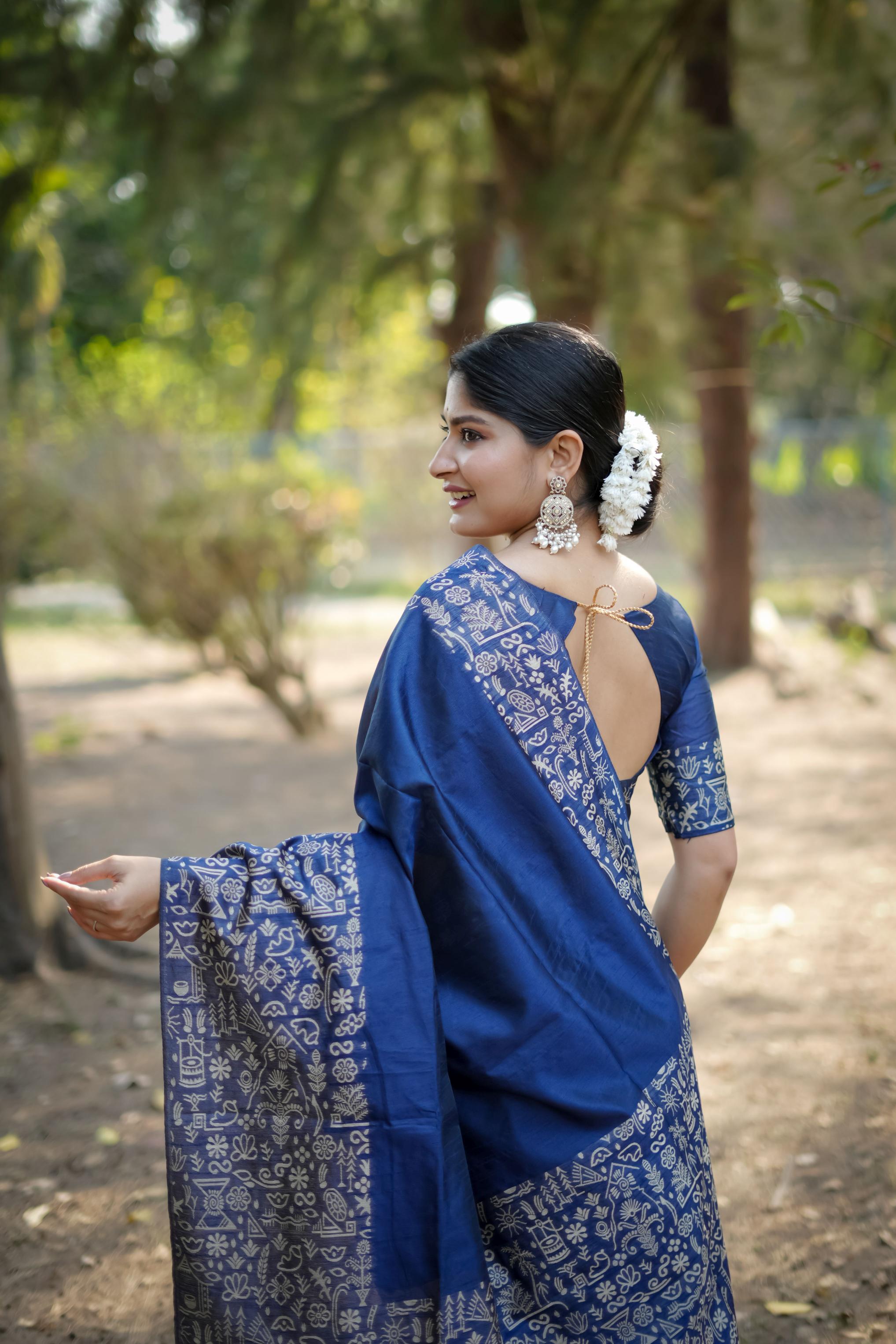Blue Handloom Raw Silk Saree — alternate view