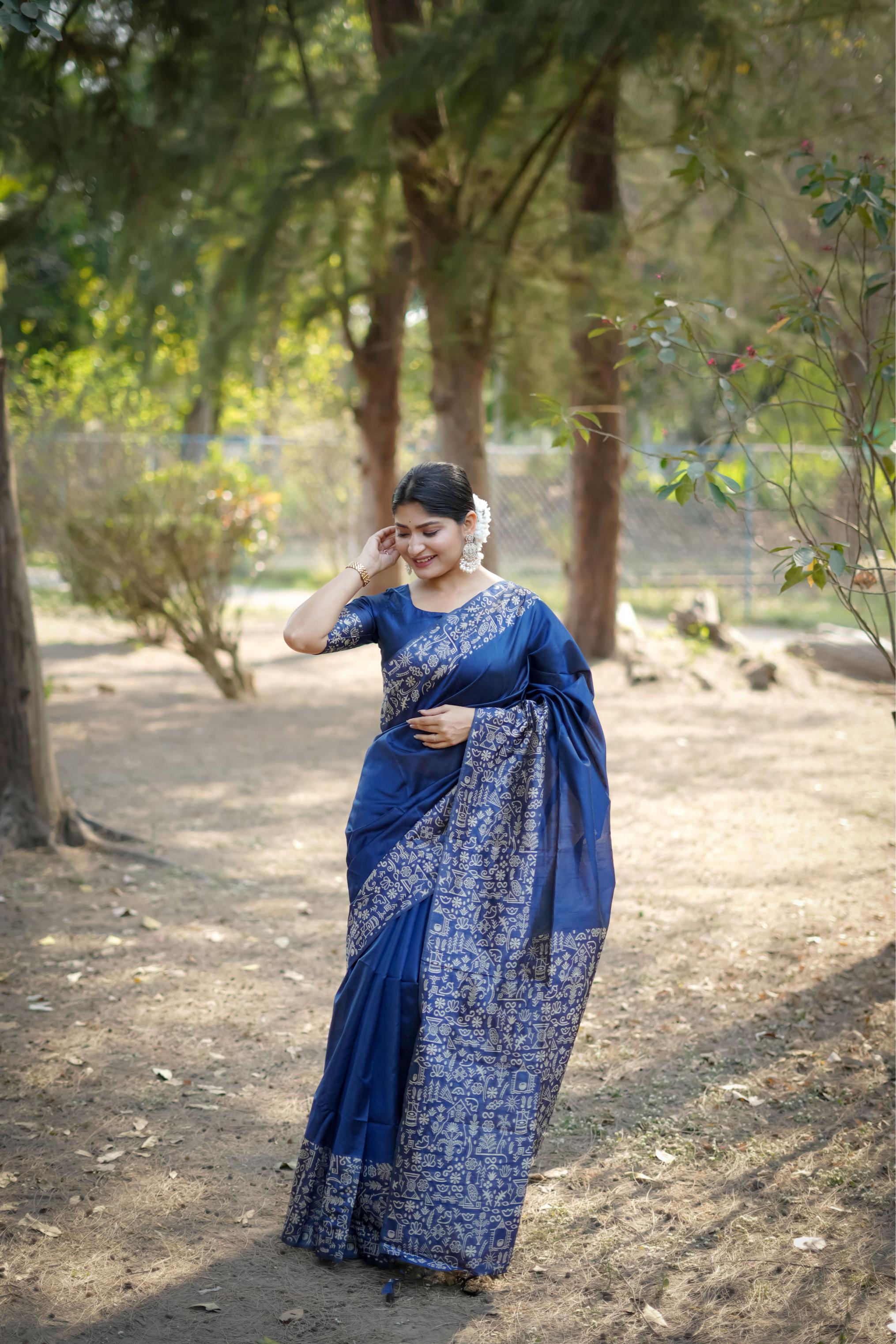 Blue Handloom Raw Silk Saree