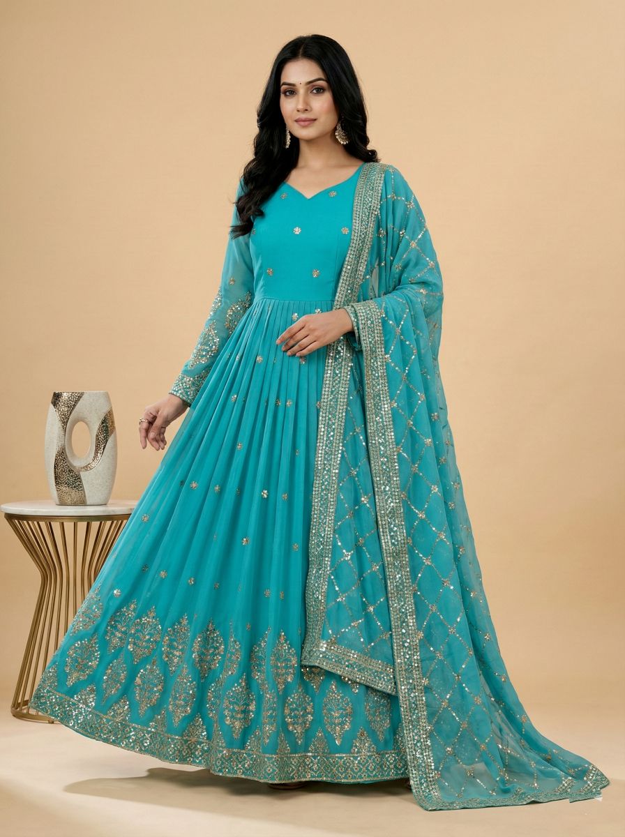 Blue Heavy Faux Georgette Embroidered Sequence Anarkali Gown