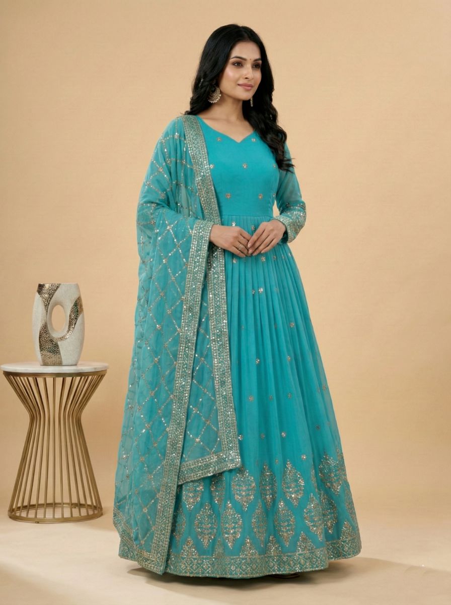 Blue Heavy Faux Georgette Embroidered Sequence Anarkali Gown — alternate view