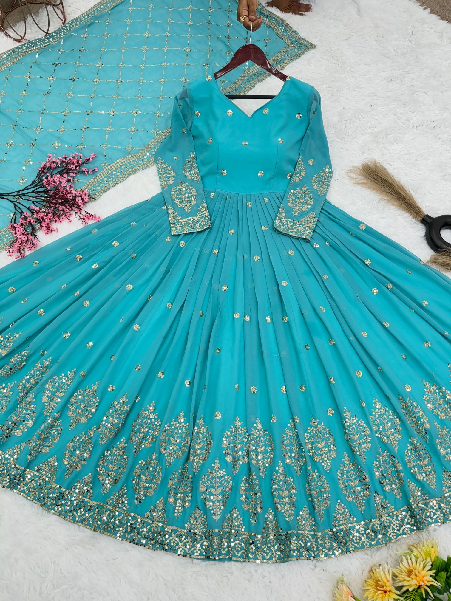 Blue Heavy Faux Georgette Embroidered Sequence Anarkali Gown