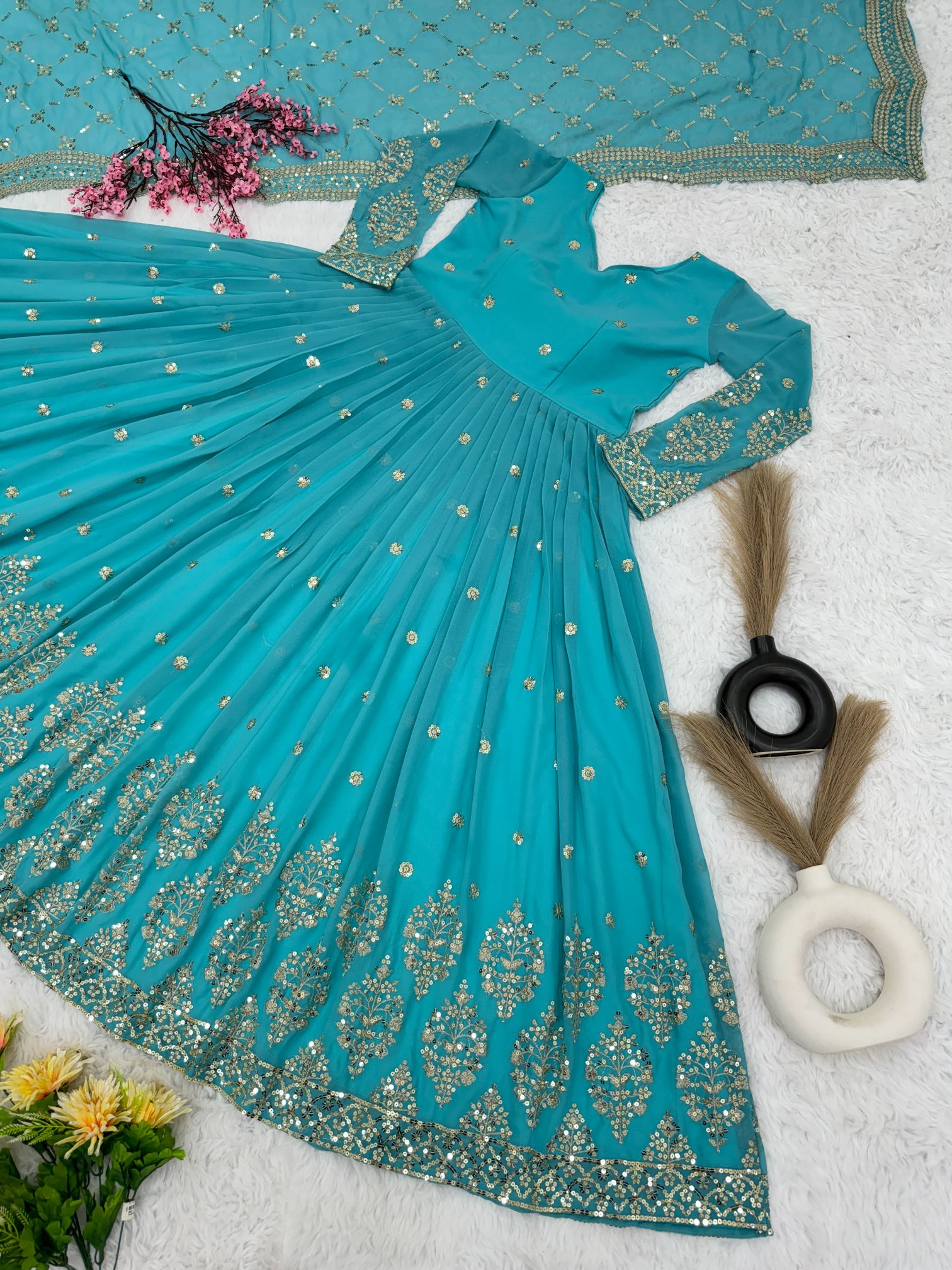 Blue Heavy Faux Georgette Embroidered Sequence Anarkali Gown