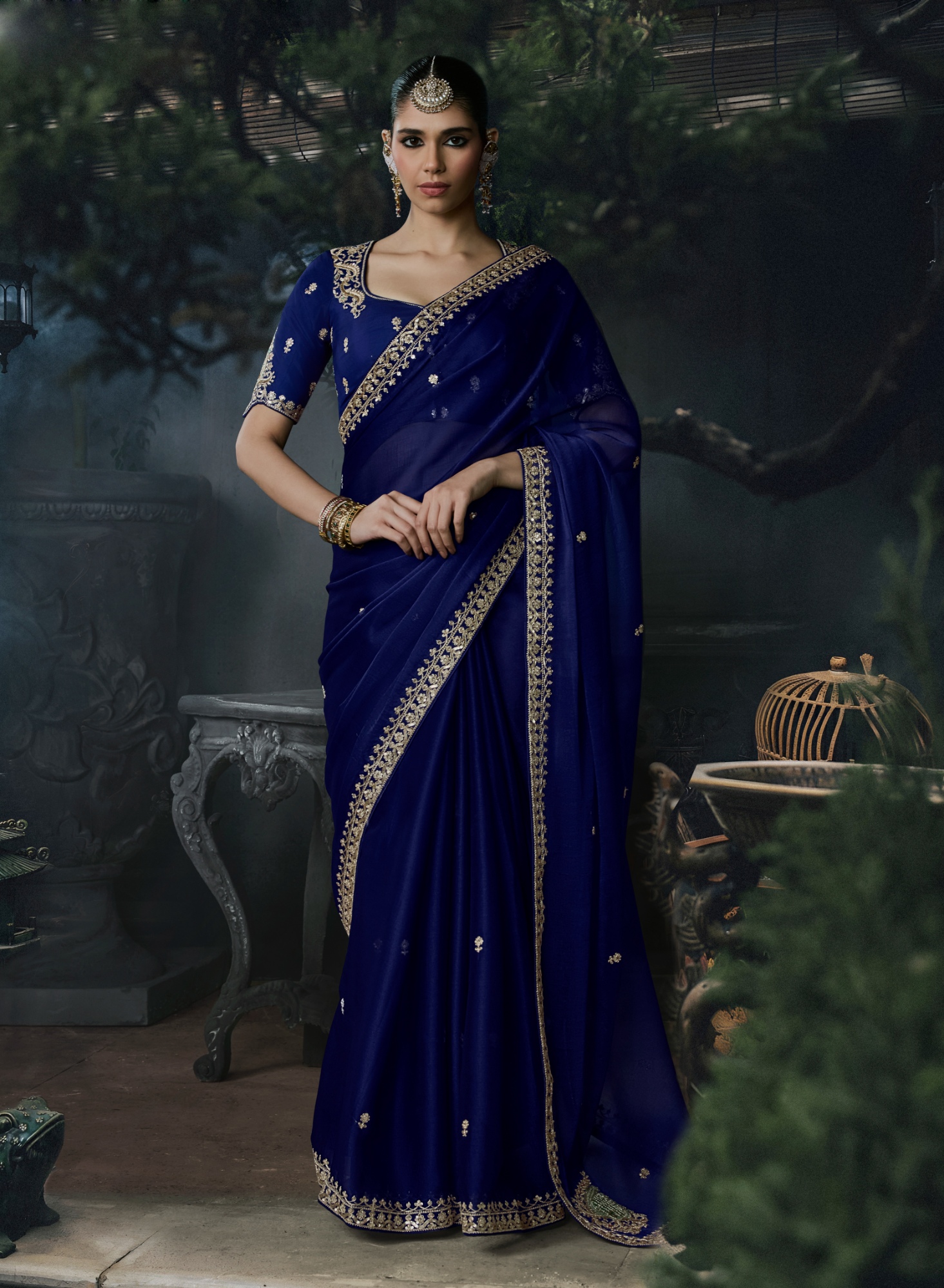 Blue Heavy Thread Embroidery Tissue Silk Saree