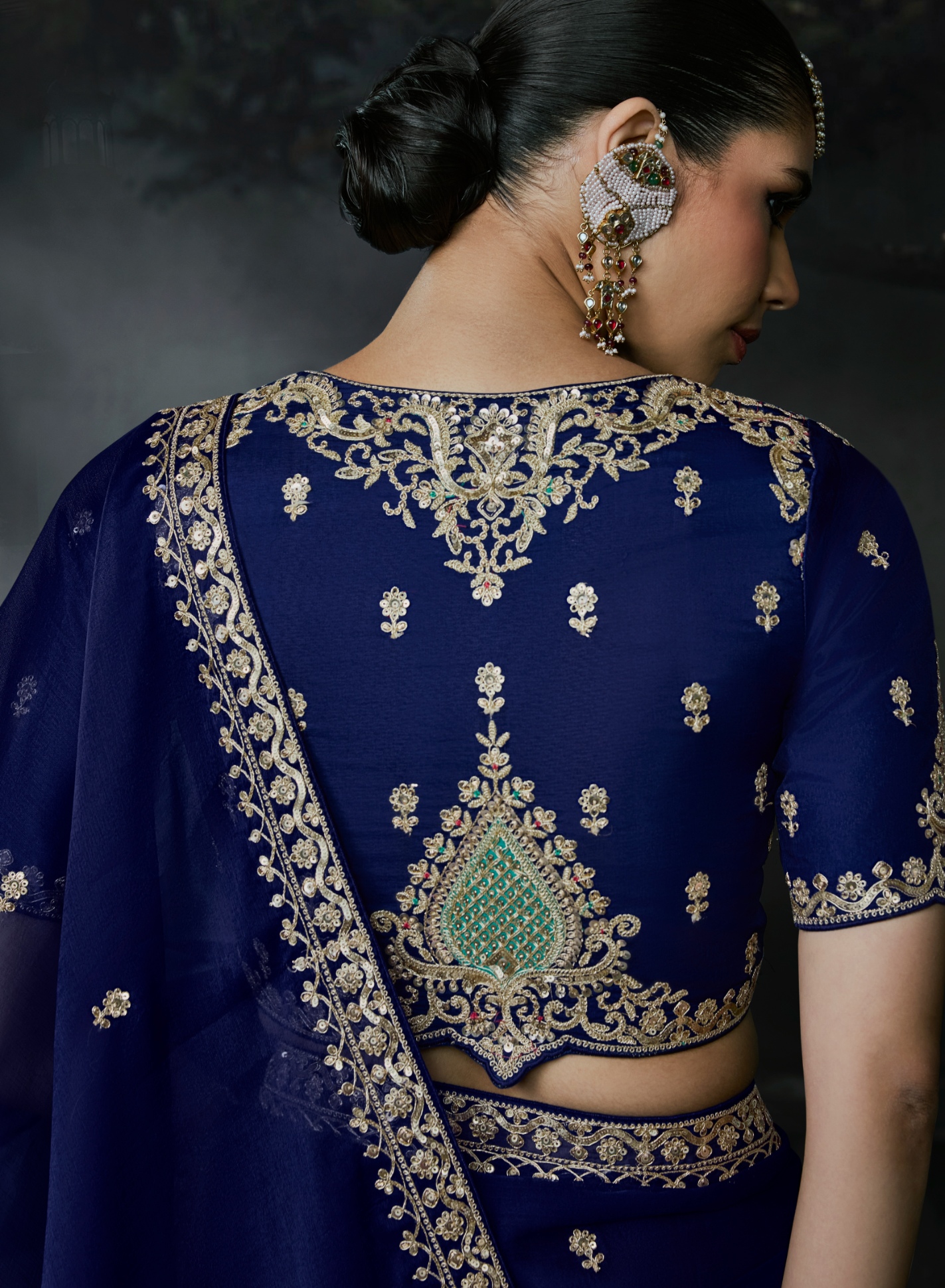 Blue Heavy Thread Embroidery Tissue Silk Saree — alternate view