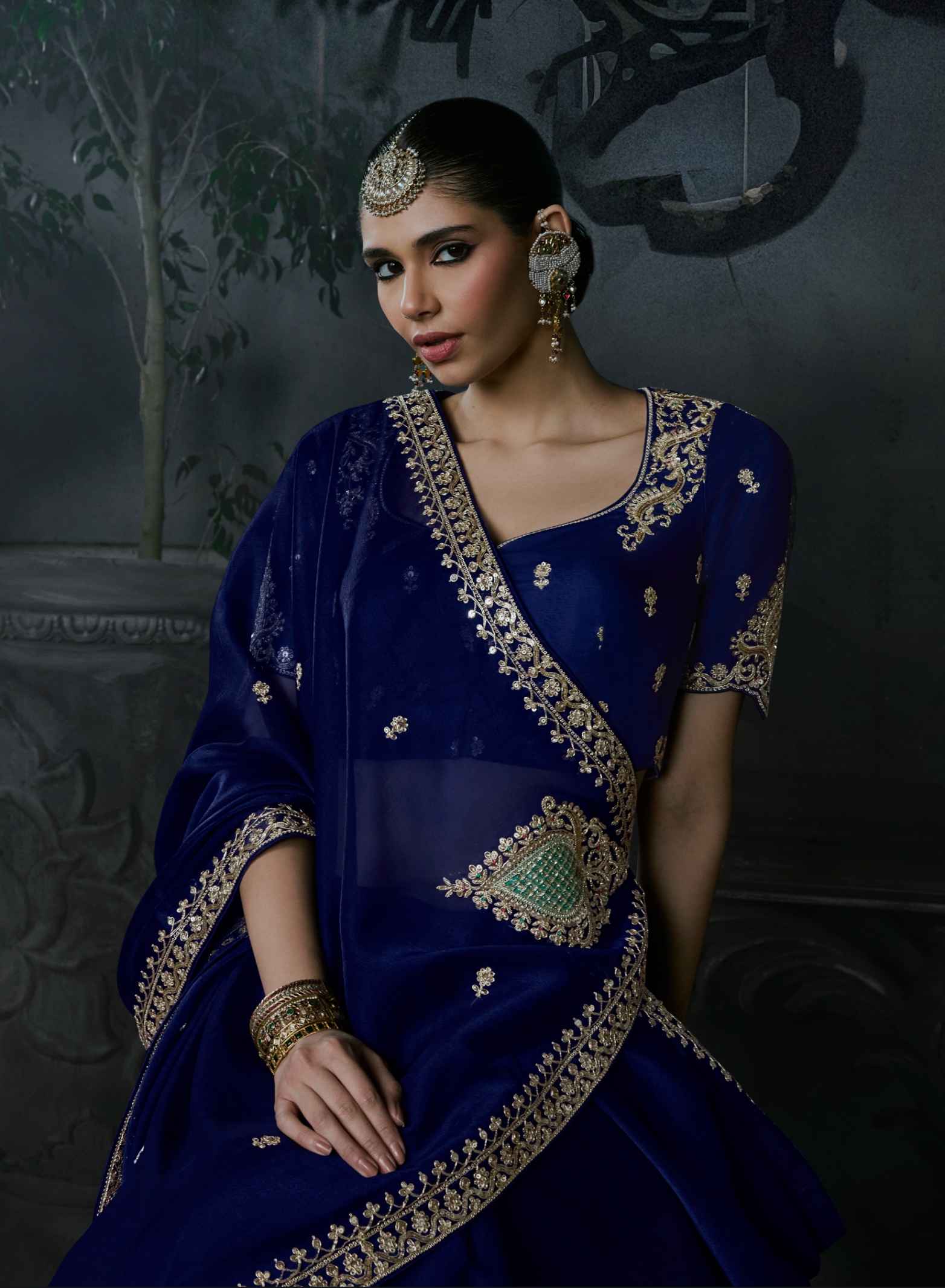 Blue Heavy Thread Embroidery Tissue Silk Saree