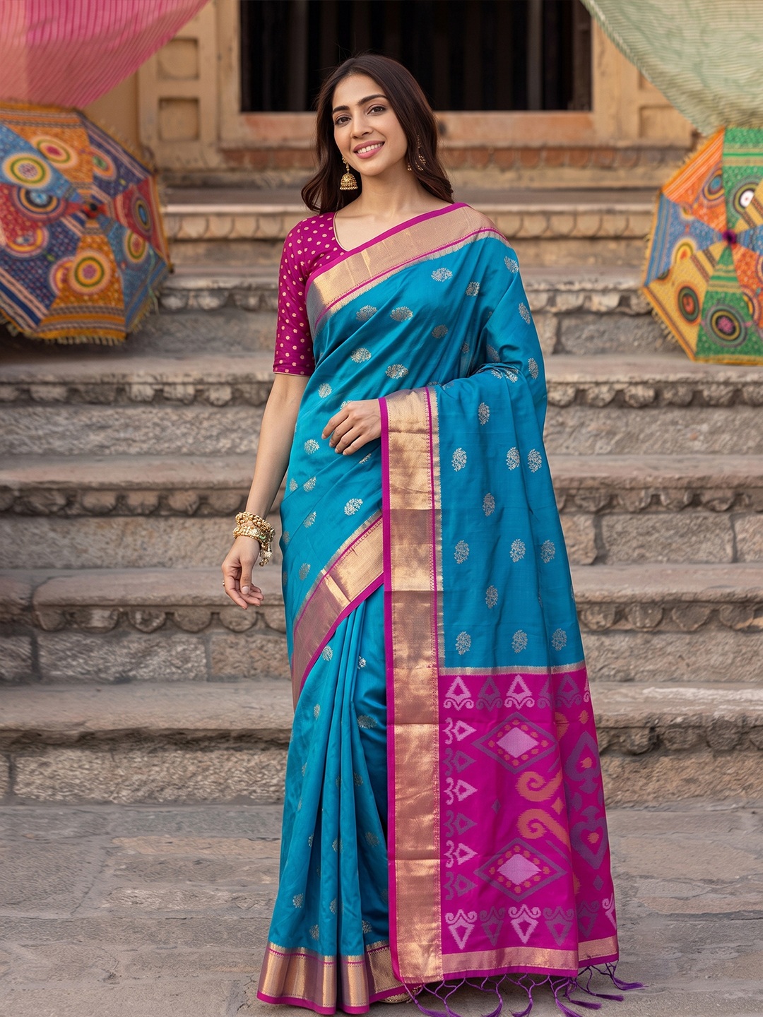 Blue Heritage Butti Woven Zari Jacquard Designer Soft Silk Saree