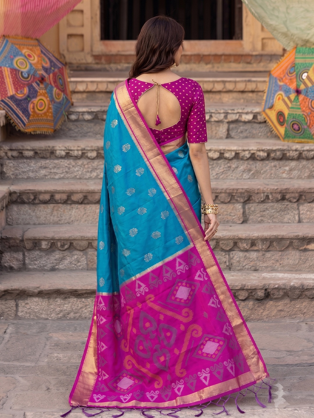 Blue Heritage Butti Woven Zari Jacquard Designer Soft Silk Saree — alternate view