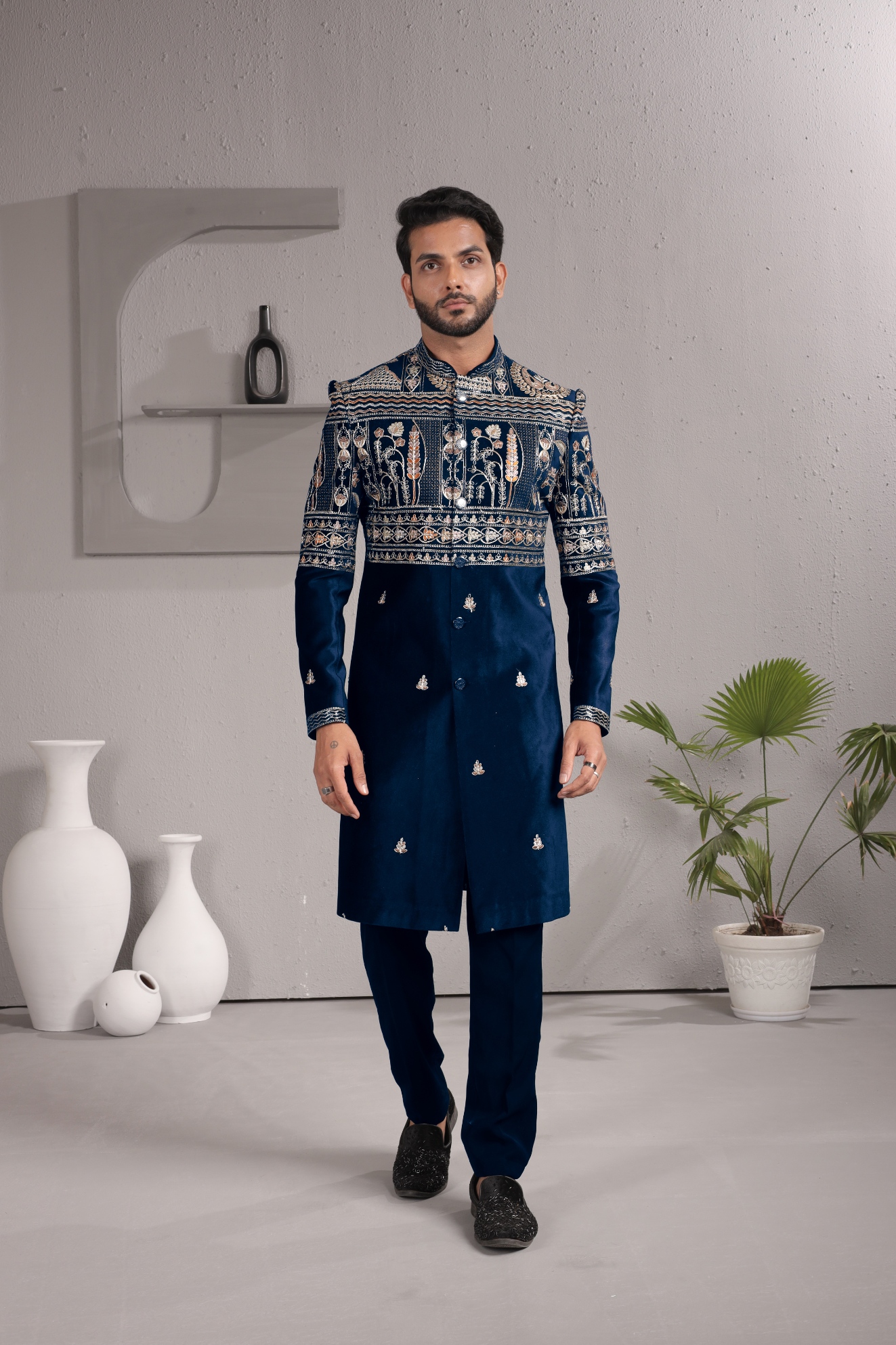 Blue Heritage Embroidery Armani Indo-Western Sherwani