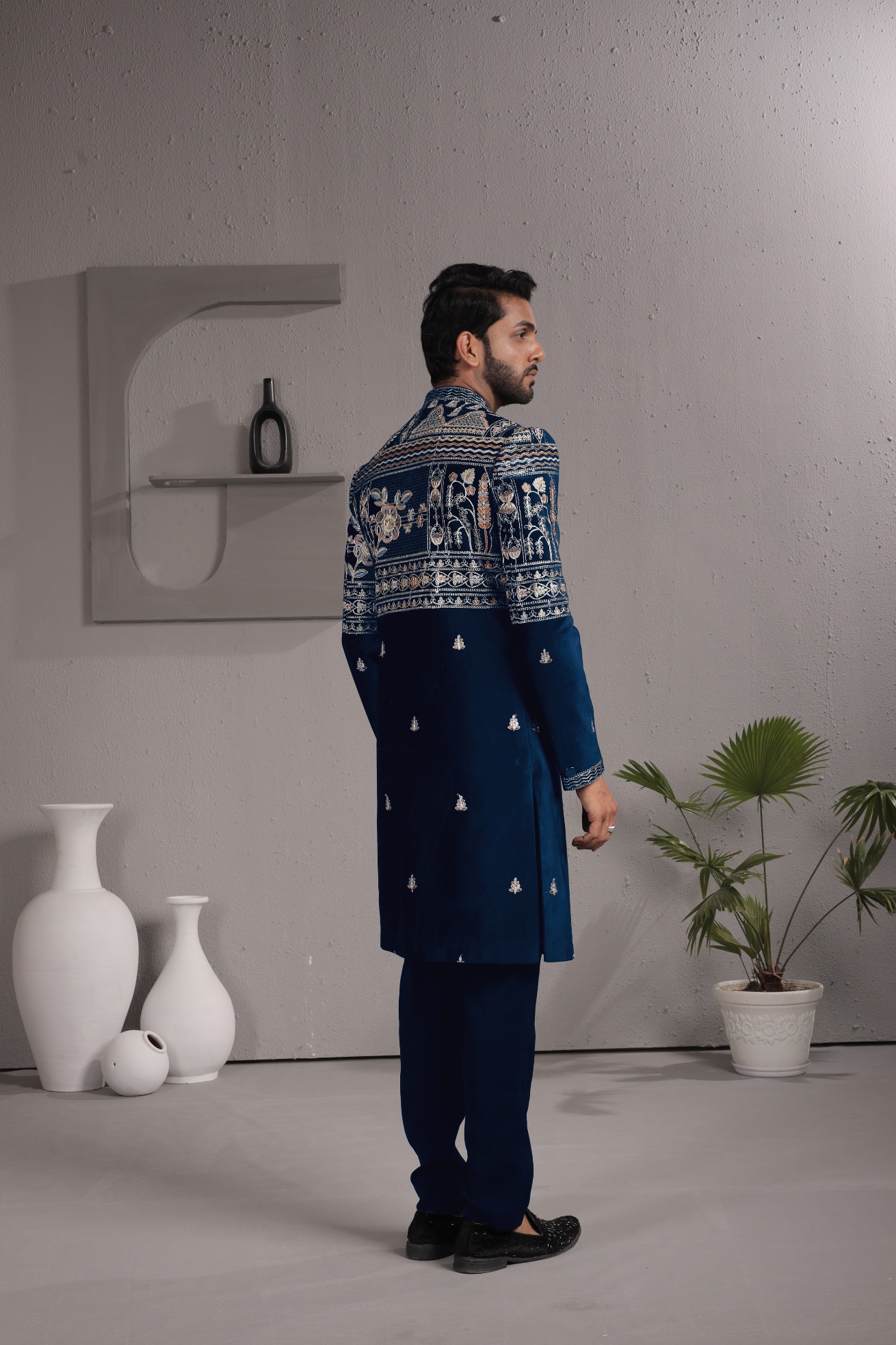 Blue Heritage Embroidery Armani Indo-Western Sherwani — alternate view