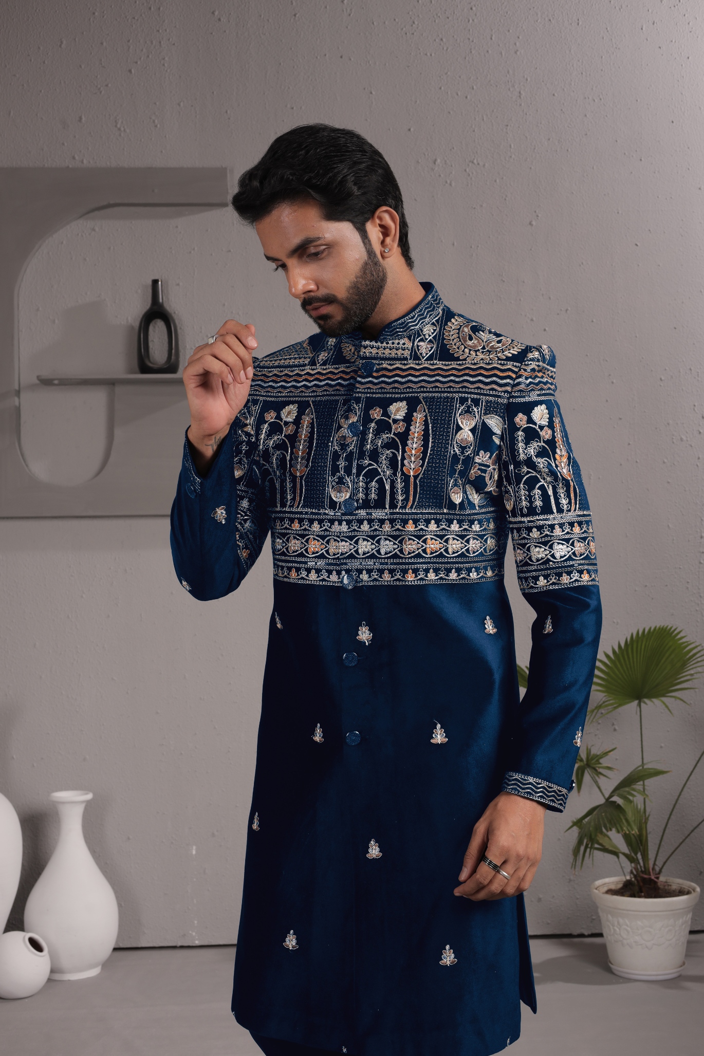 Blue Heritage Embroidery Armani Indo-Western Sherwani