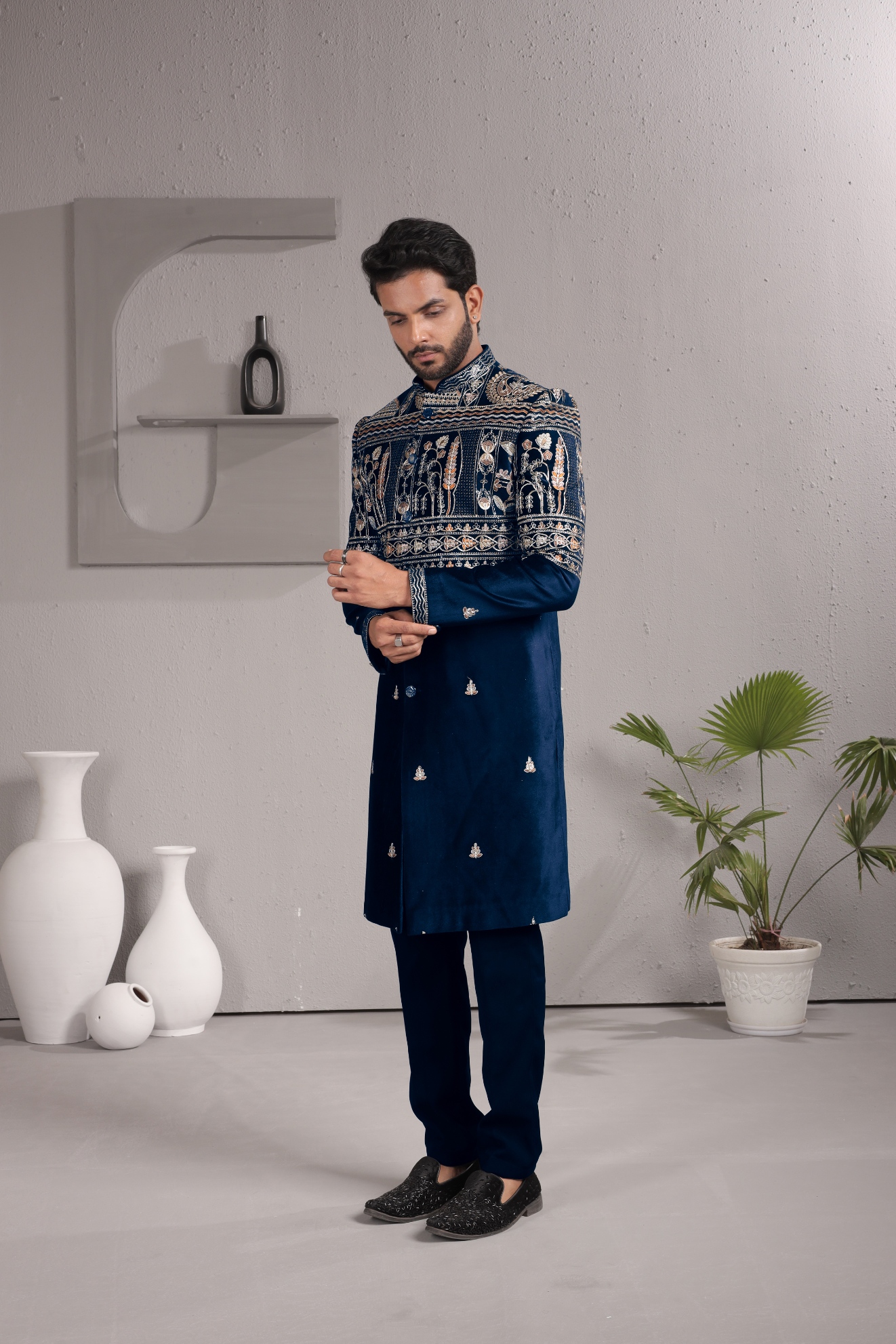 Blue Heritage Embroidery Armani Indo-Western Sherwani