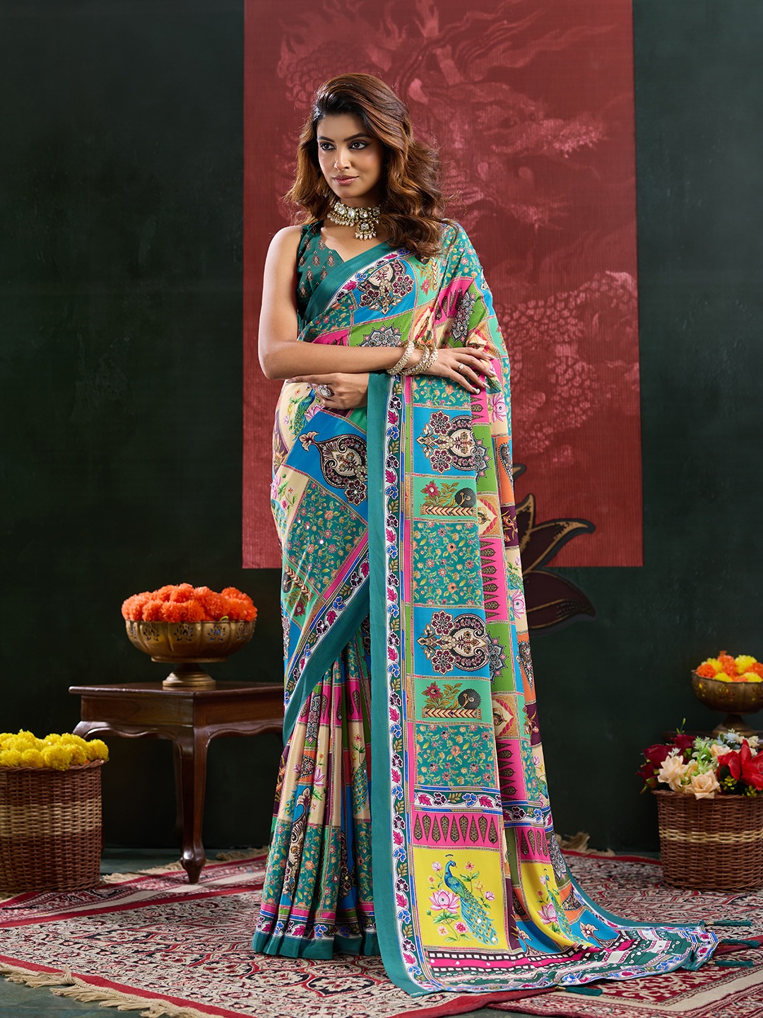 Blue Heritage Mirror Work Crepe Silk Saree