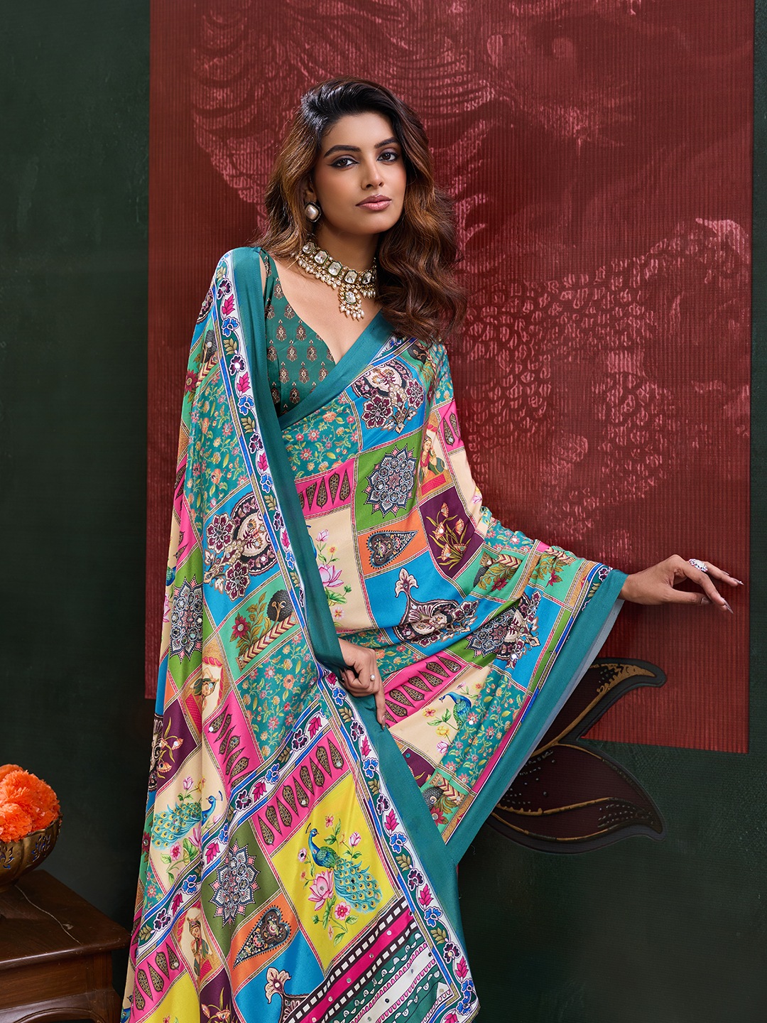 Blue Heritage Mirror Work Crepe Silk Saree