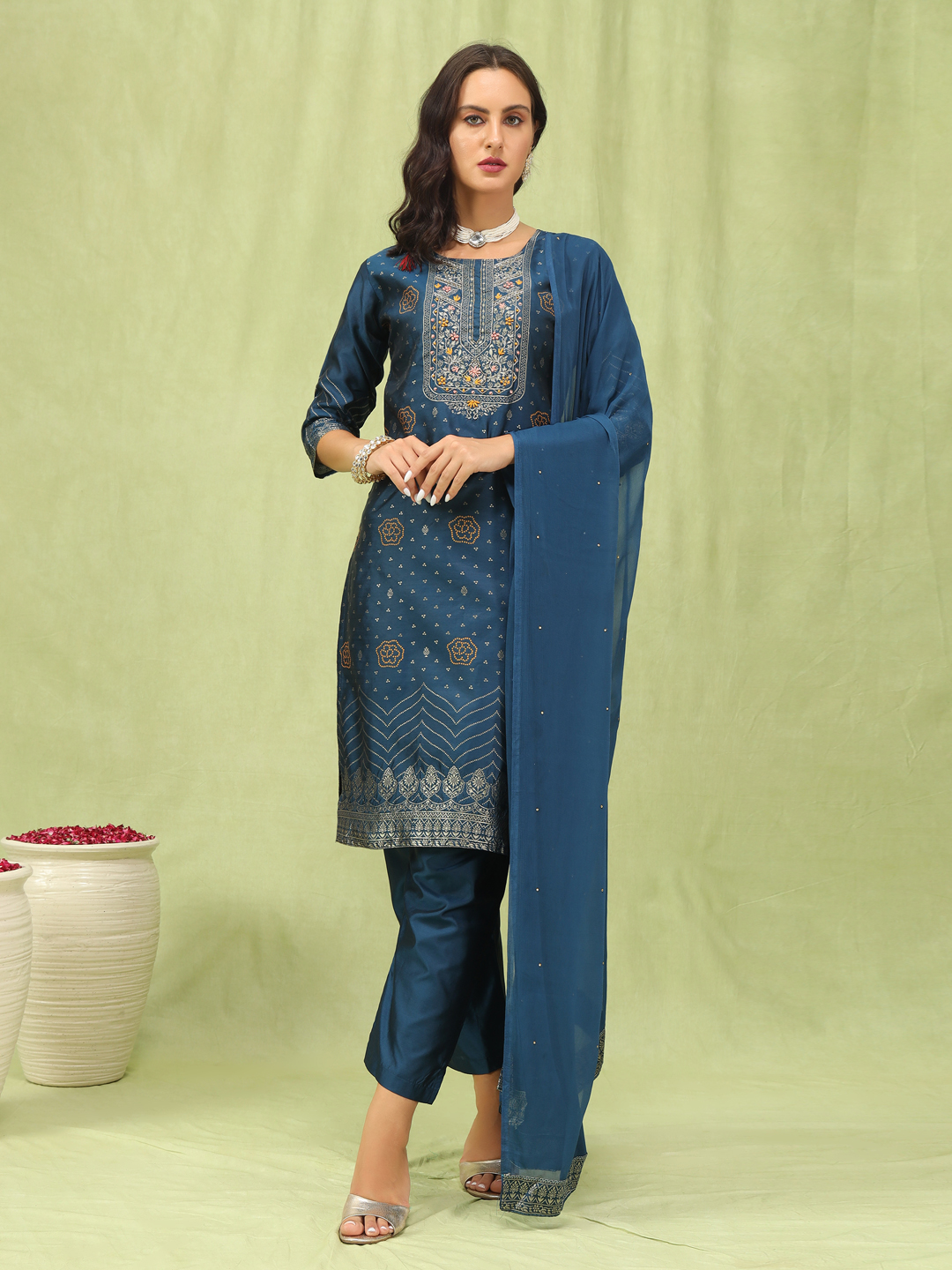 Blue Heritage Motif Cotton Silk Jacquard Embroidered Readymade Salwar