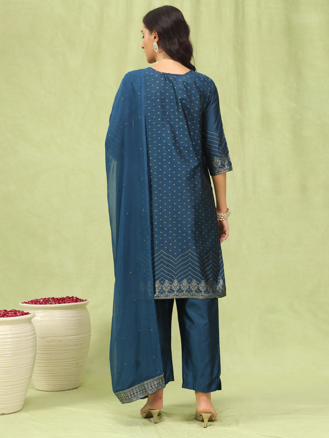 Blue Heritage Motif Cotton Silk Jacquard Embroidered Readymade Salwar — alternate view