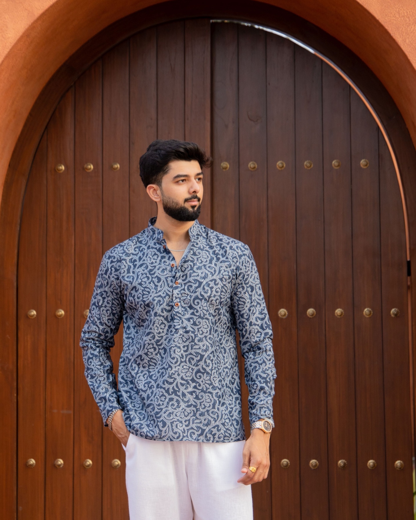 Blue Heritage Motif Printed Swiss Linen Short Kurta