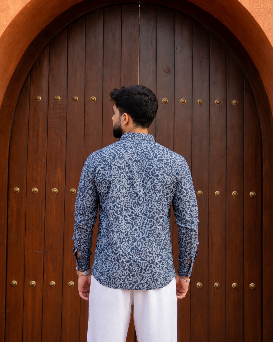 Blue Heritage Motif Printed Swiss Linen Short Kurta — alternate view